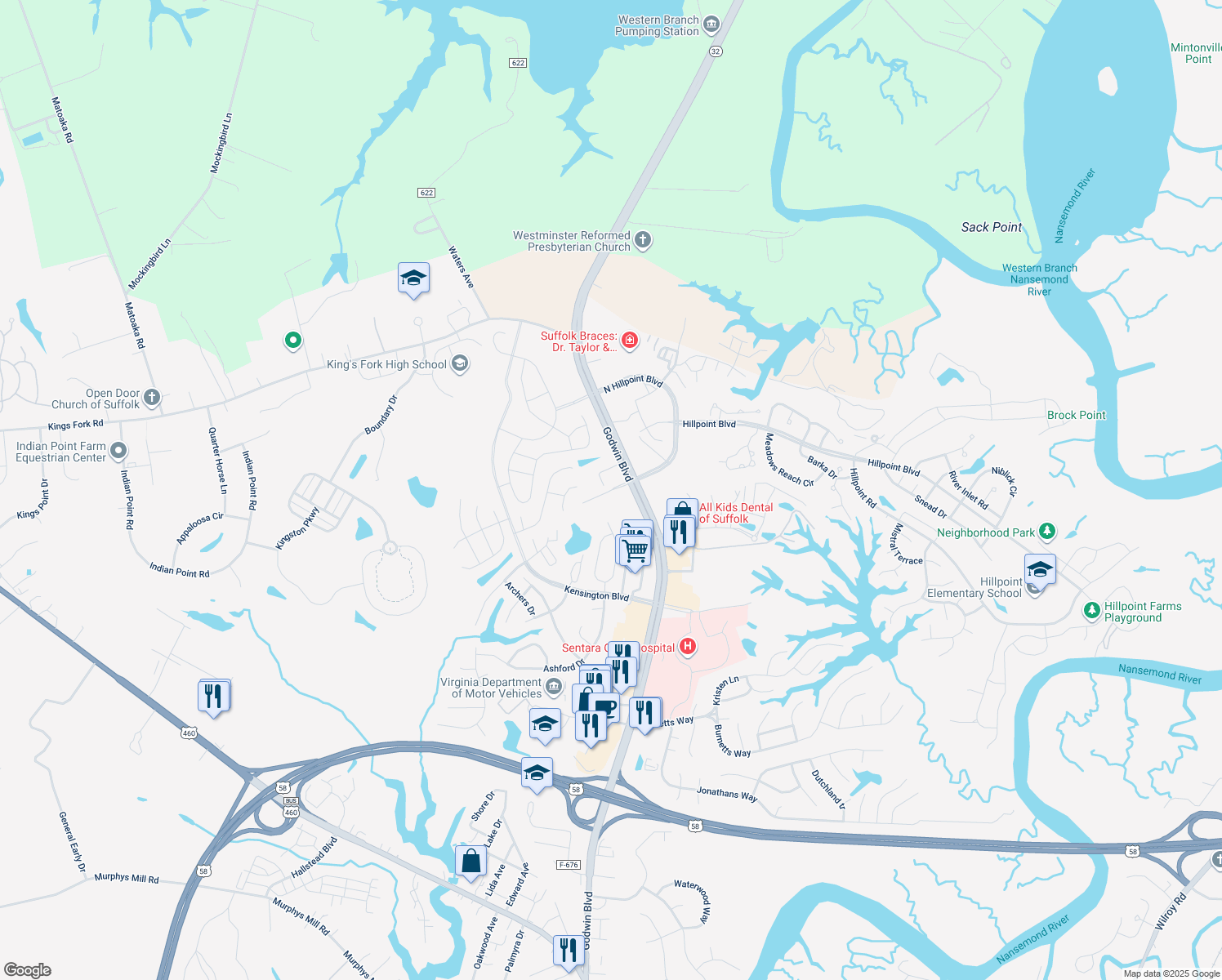 map of restaurants, bars, coffee shops, grocery stores, and more near 2098 Hillpoint Boulevard North in Suffolk