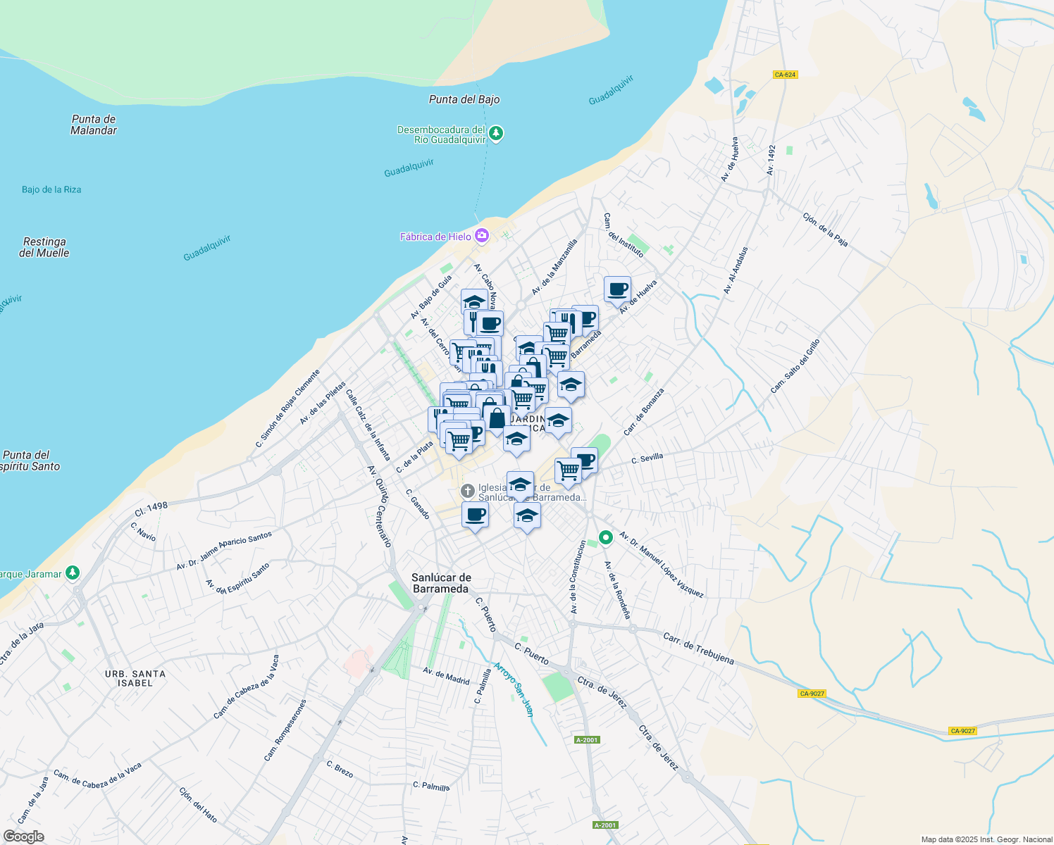 map of restaurants, bars, coffee shops, grocery stores, and more near 38 Calle Fariñas in Sanlúcar de Barrameda