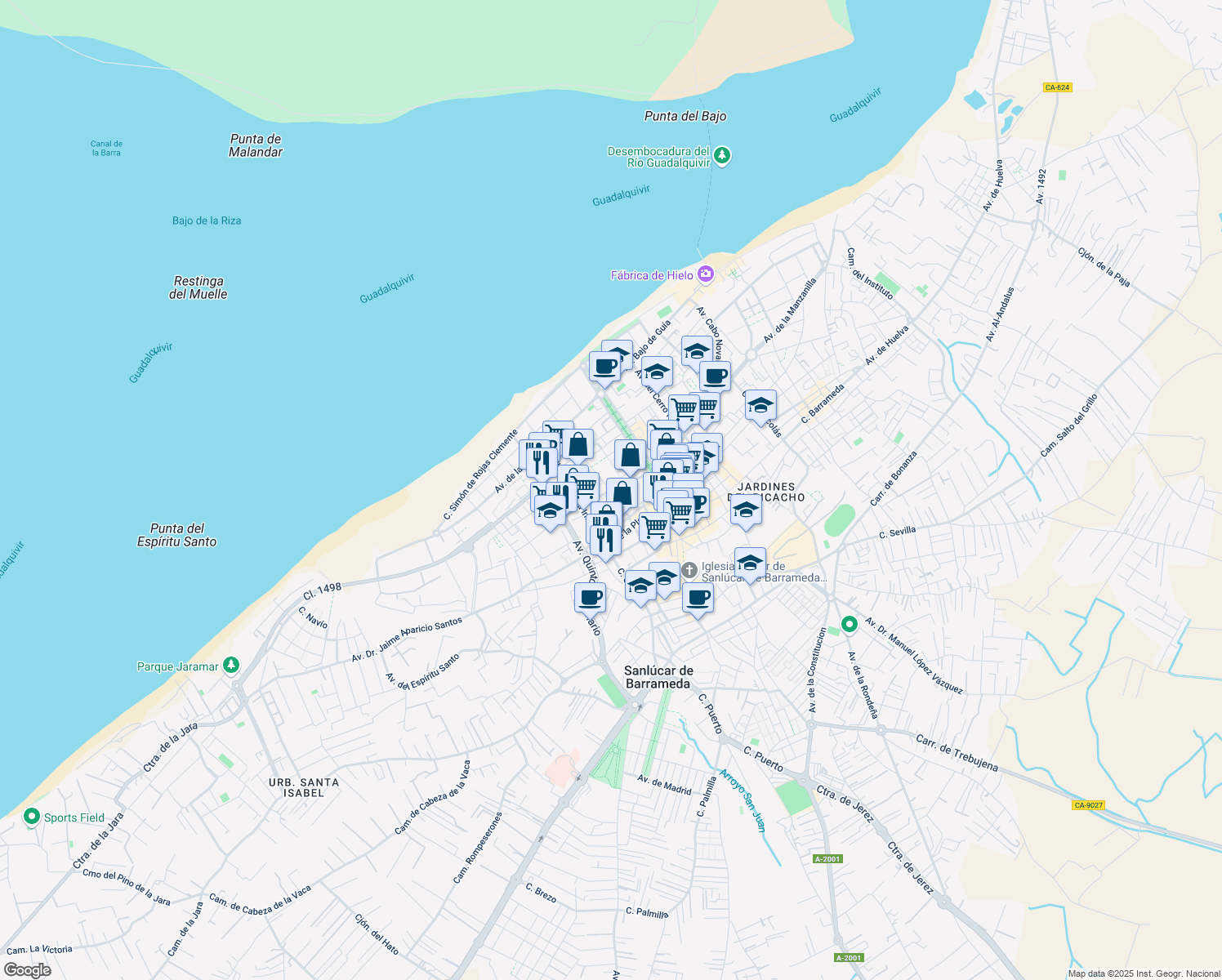 map of restaurants, bars, coffee shops, grocery stores, and more near Calle Hermano Fermín in Sanlúcar de Barrameda