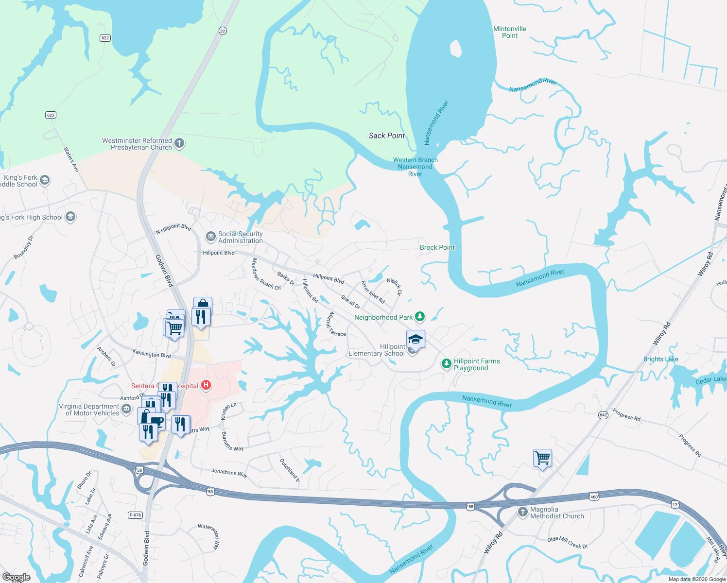 map of restaurants, bars, coffee shops, grocery stores, and more near 208 River Inlet Rd in Suffolk