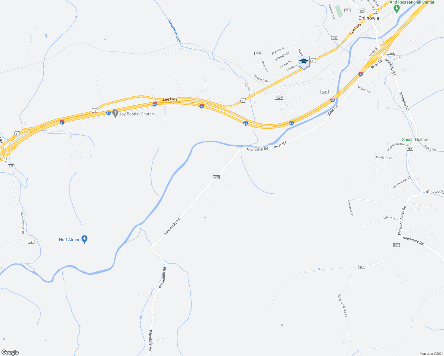 map of restaurants, bars, coffee shops, grocery stores, and more near 12299 Friendship Road in Chilhowie