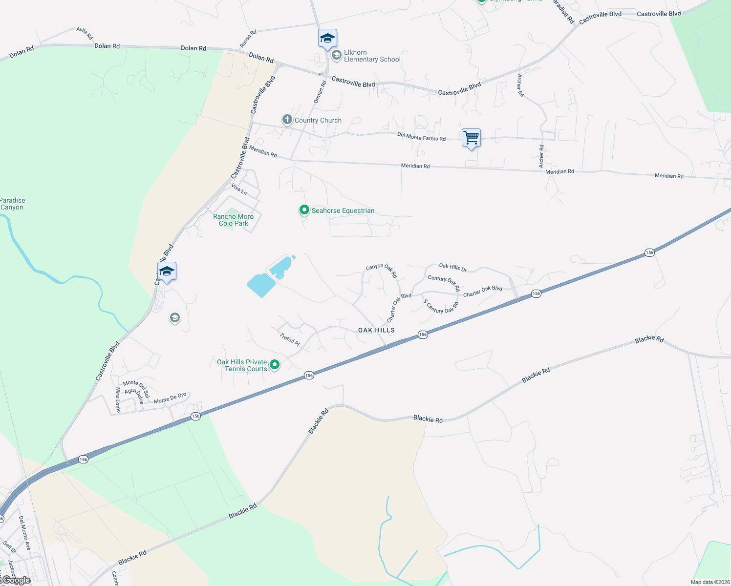 map of restaurants, bars, coffee shops, grocery stores, and more near 9150 Canyon Oak Road in Salinas