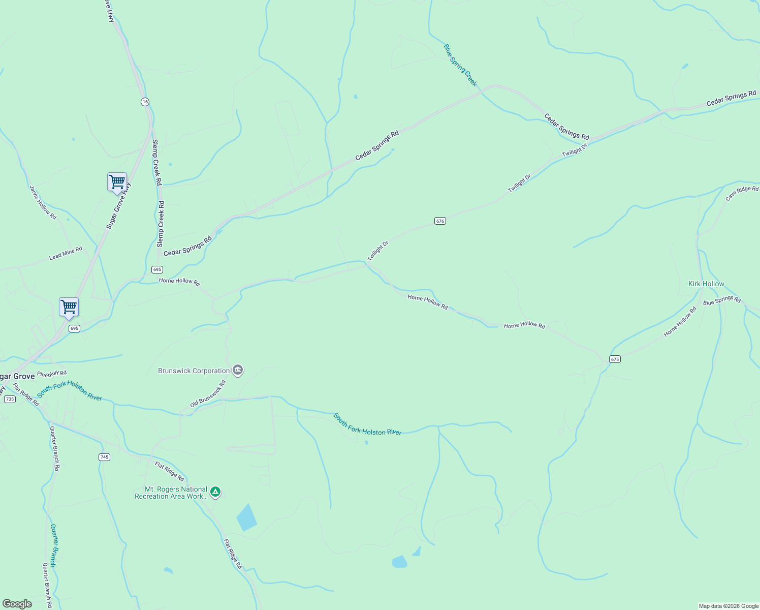 map of restaurants, bars, coffee shops, grocery stores, and more near Horne Hollow Road in Sugar Grove