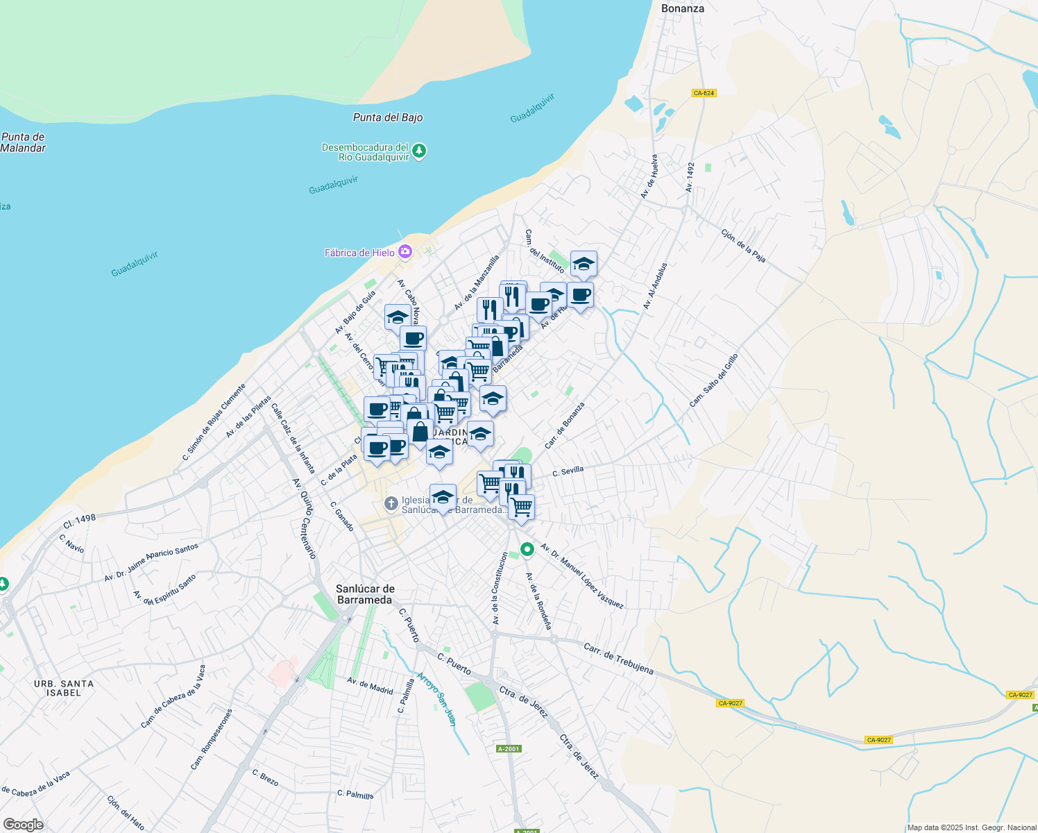 map of restaurants, bars, coffee shops, grocery stores, and more near Calle Rafael García in Sanlúcar de Barrameda