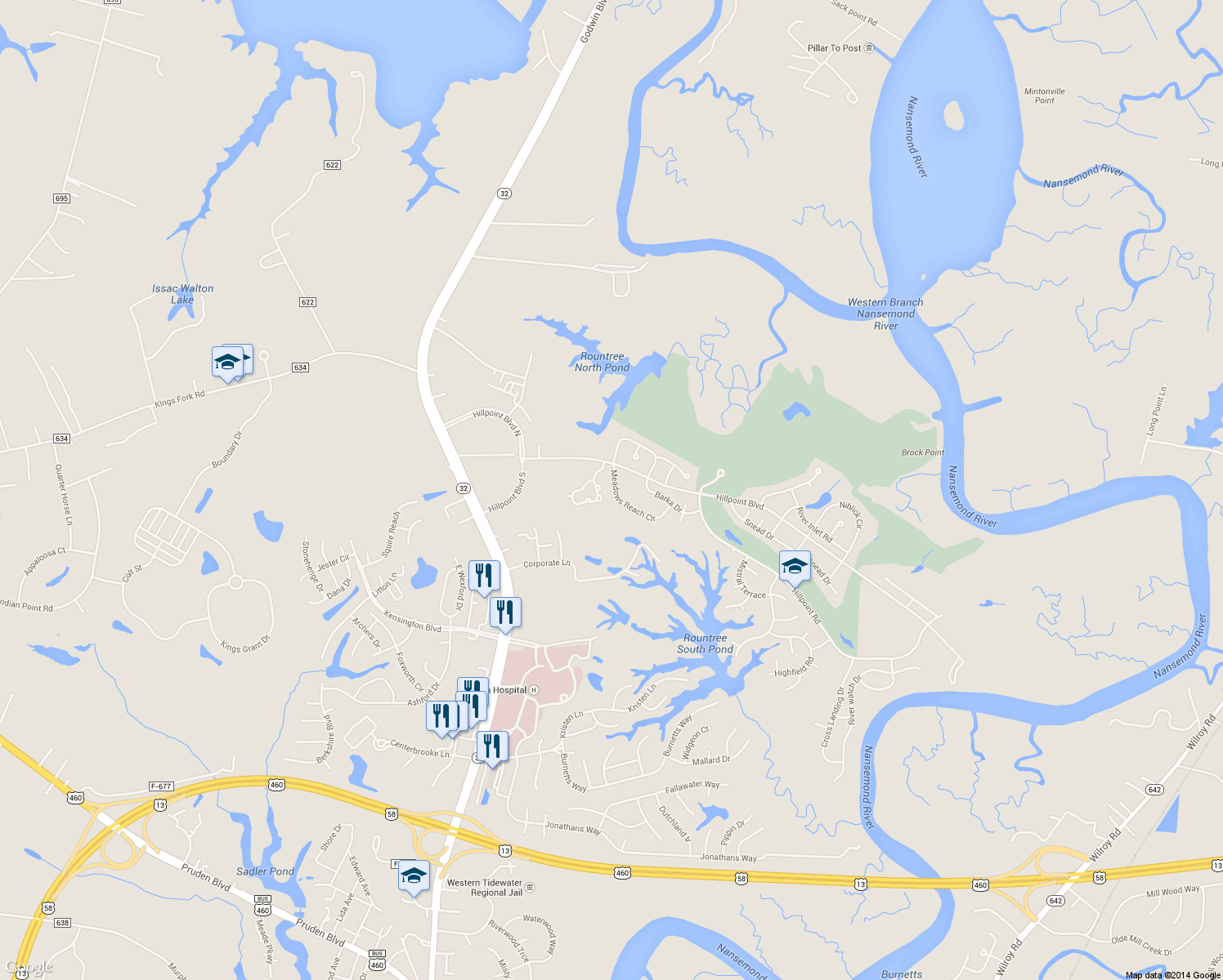map of restaurants, bars, coffee shops, grocery stores, and more near 1006 Meadows Reach Circle in Suffolk