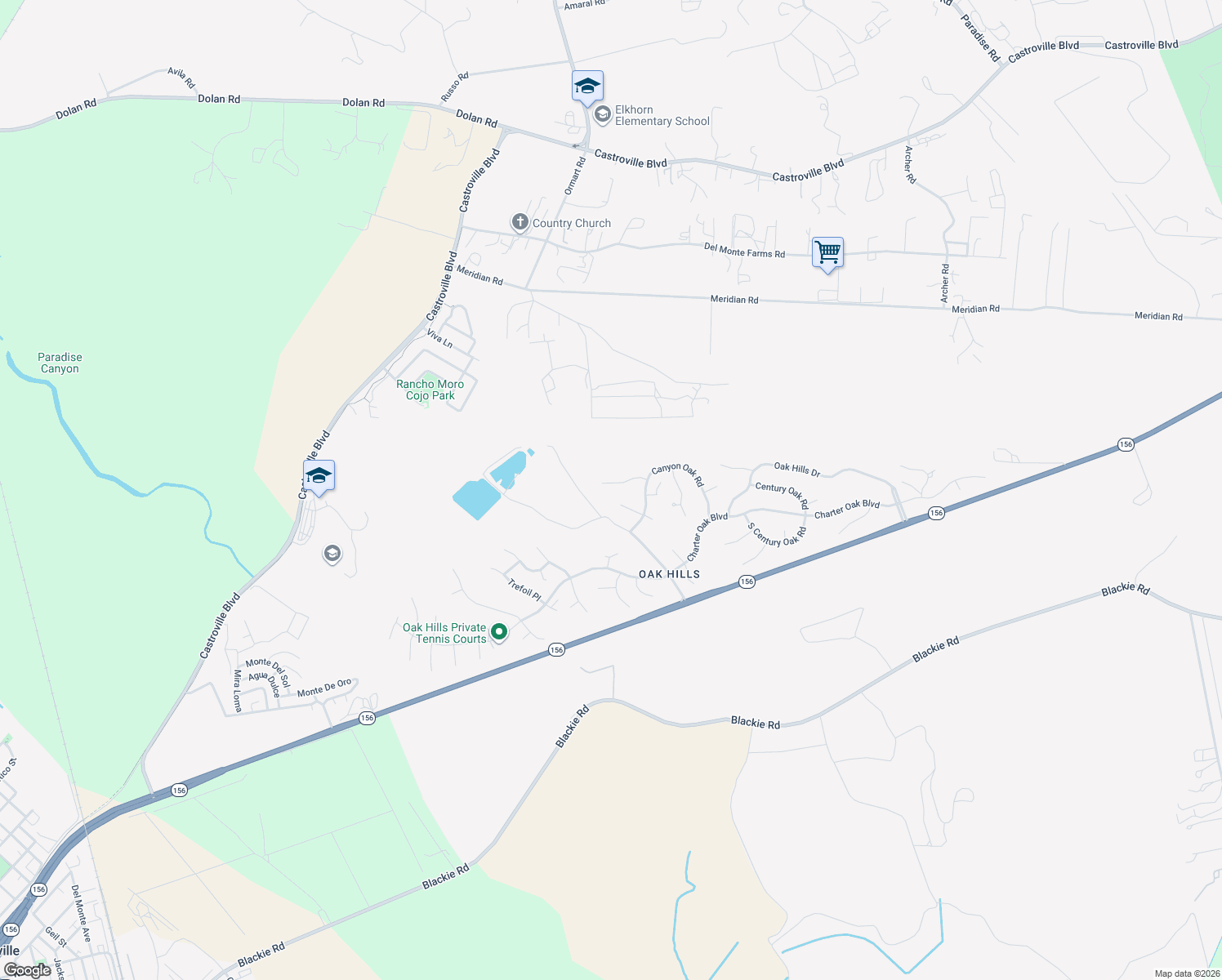 map of restaurants, bars, coffee shops, grocery stores, and more near 14832 Mossy Oak Place in Salinas