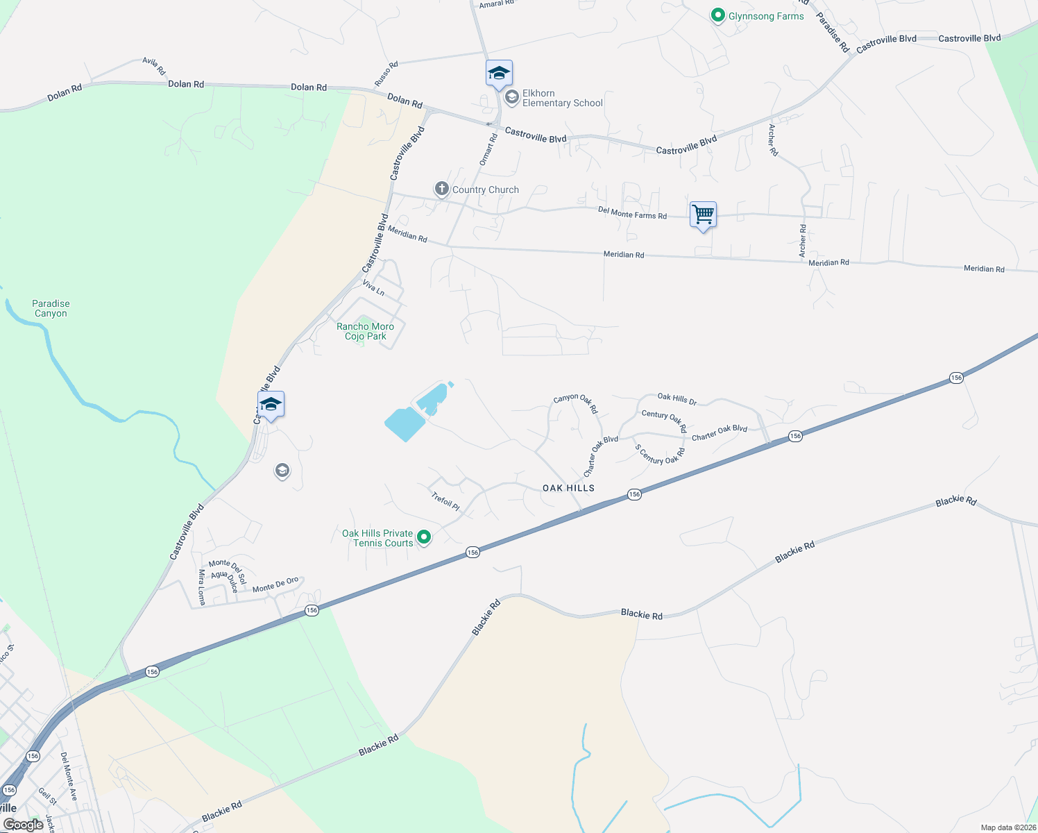 map of restaurants, bars, coffee shops, grocery stores, and more near 14832 Mossy Oak Place in Salinas