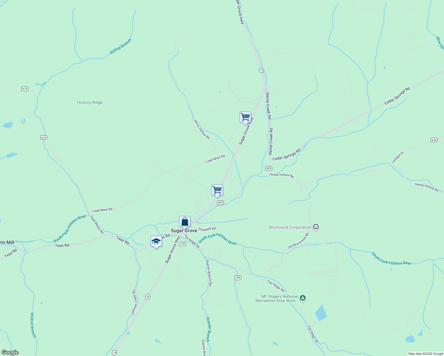 map of restaurants, bars, coffee shops, grocery stores, and more near 5154 Sugar Grove Hwy in Sugar Grove