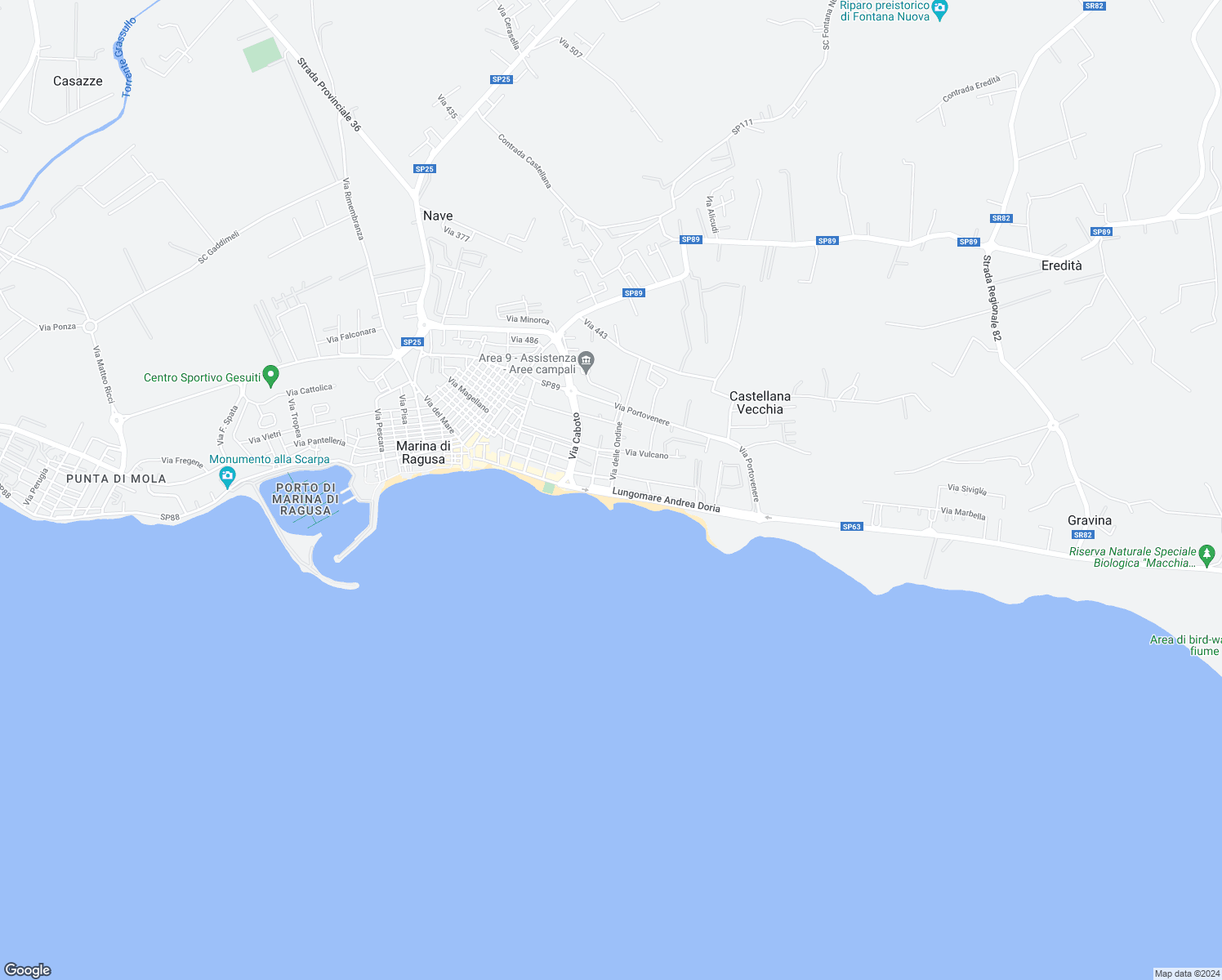 map of restaurants, bars, coffee shops, grocery stores, and more near 124 Lungomare Andrea Doria in Marina di Ragusa