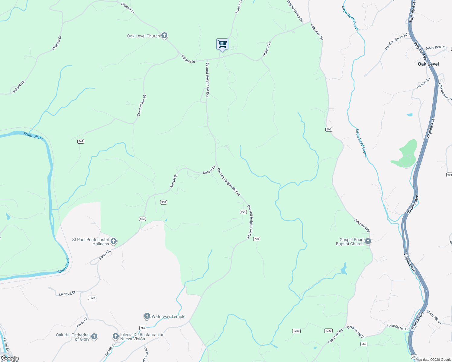 map of restaurants, bars, coffee shops, grocery stores, and more near Bassett Heights Road Exd in Bassett