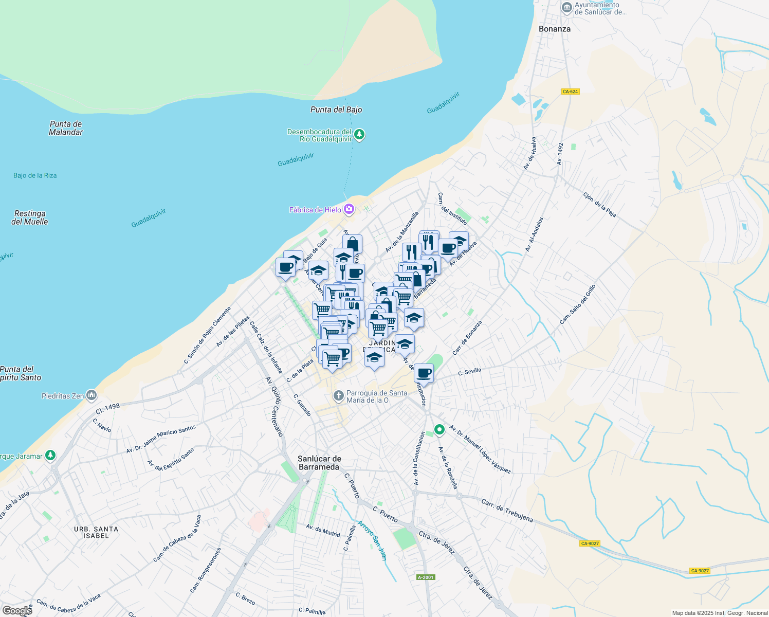 map of restaurants, bars, coffee shops, grocery stores, and more near 24 Calle San Nicolás in Sanlúcar de Barrameda