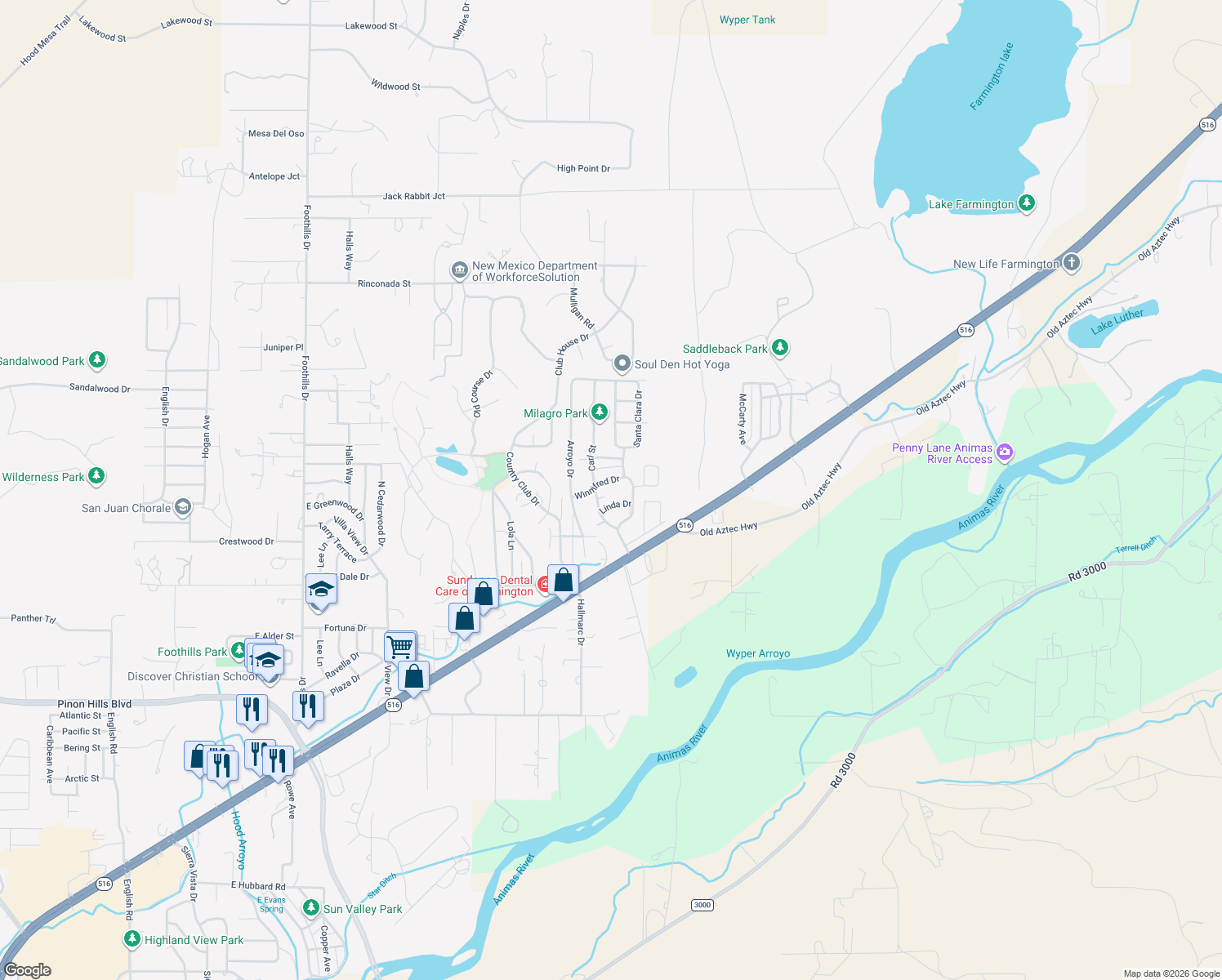 map of restaurants, bars, coffee shops, grocery stores, and more near 5800 Winnifred Drive in Farmington