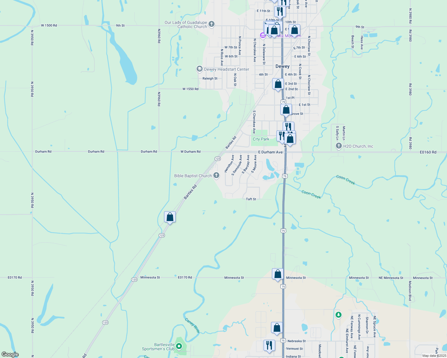 map of restaurants, bars, coffee shops, grocery stores, and more near 545 Hamilton Avenue in Dewey