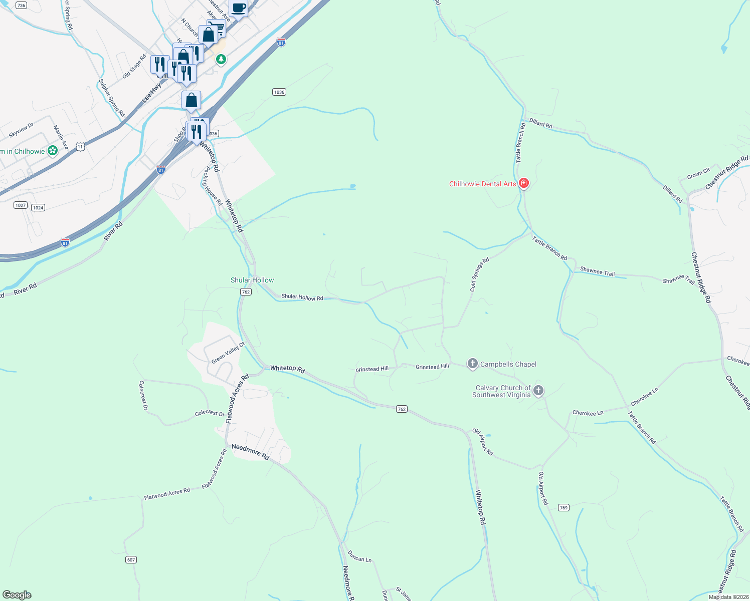 map of restaurants, bars, coffee shops, grocery stores, and more near 378 Shuler Hollow Road in Chilhowie