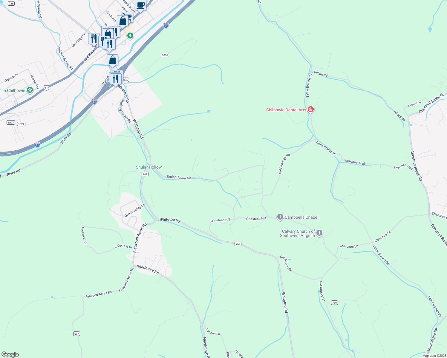 map of restaurants, bars, coffee shops, grocery stores, and more near 378 Shuler Hollow Road in Chilhowie