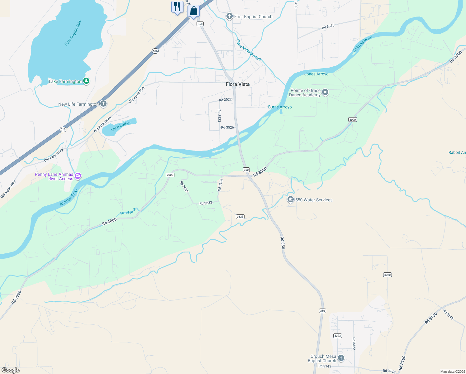 map of restaurants, bars, coffee shops, grocery stores, and more near 14 Road 3631 in Aztec