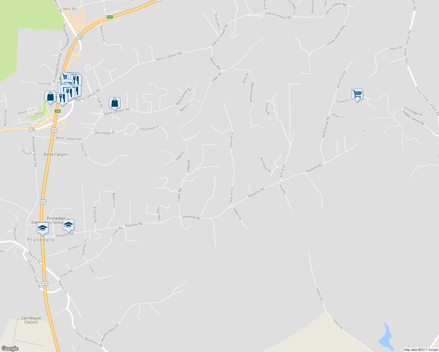 map of restaurants, bars, coffee shops, grocery stores, and more near 18795 Pesante Road in Salinas