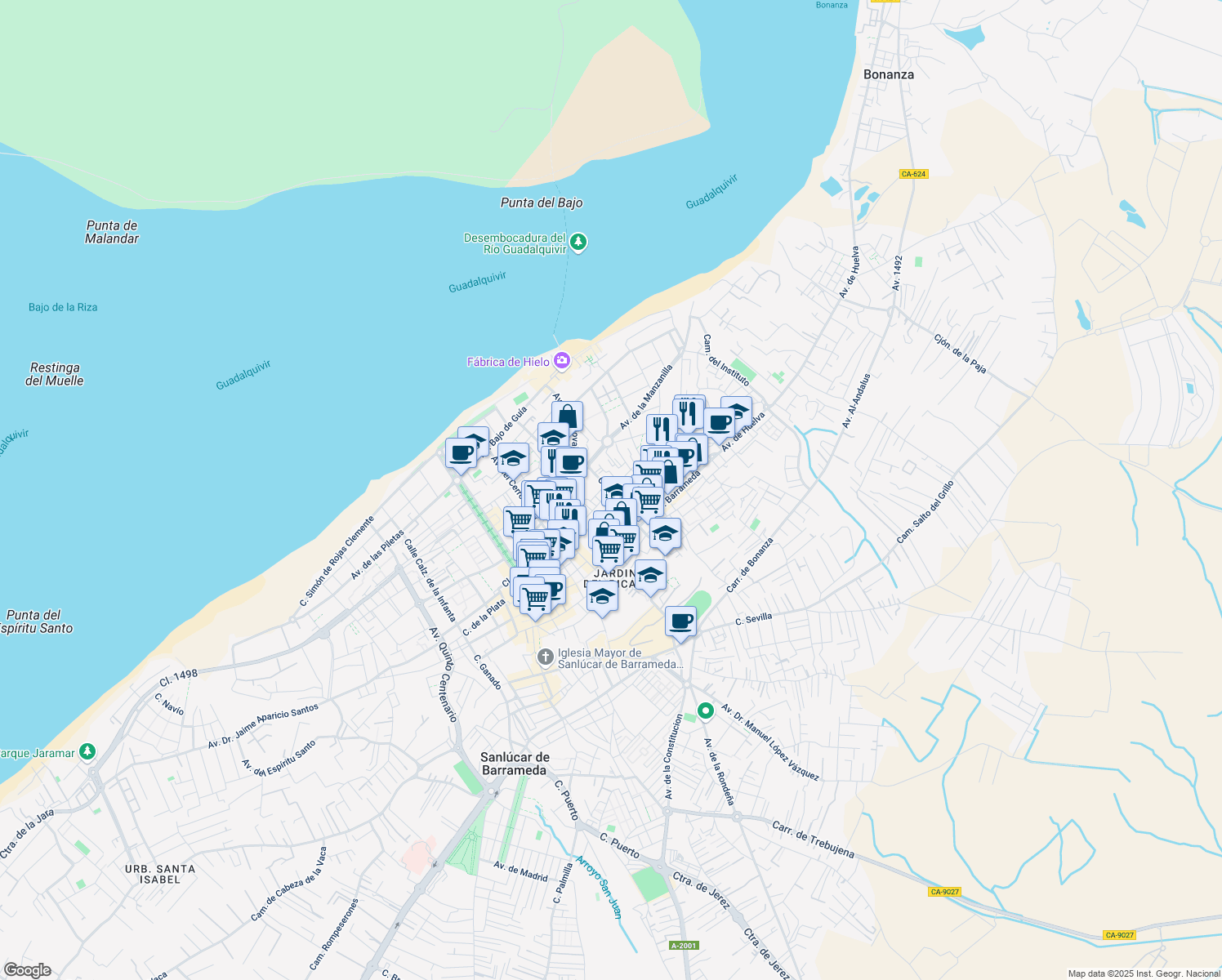 map of restaurants, bars, coffee shops, grocery stores, and more near Calle San Nicolás in Sanlúcar de Barrameda