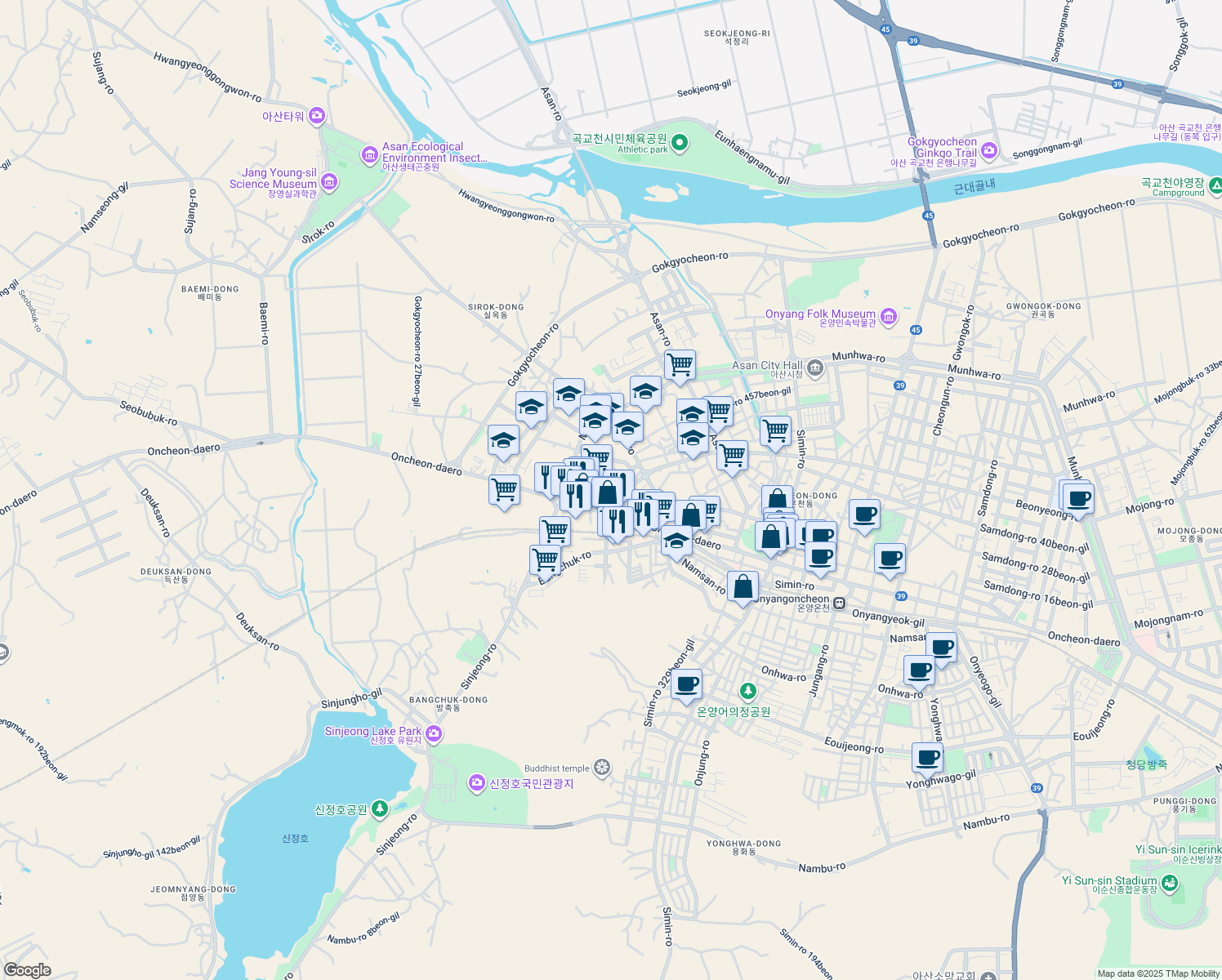 map of restaurants, bars, coffee shops, grocery stores, and more near in Asan-si