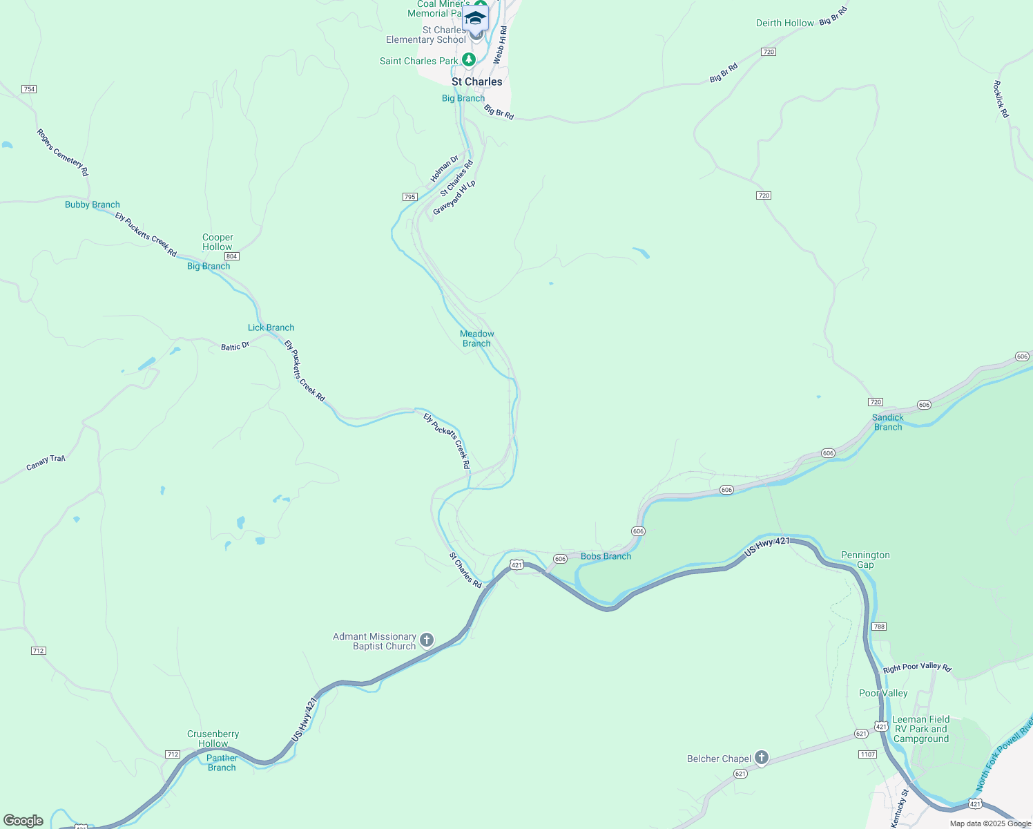 map of restaurants, bars, coffee shops, grocery stores, and more near Saint Charles Road in PENNINGTN GAP
