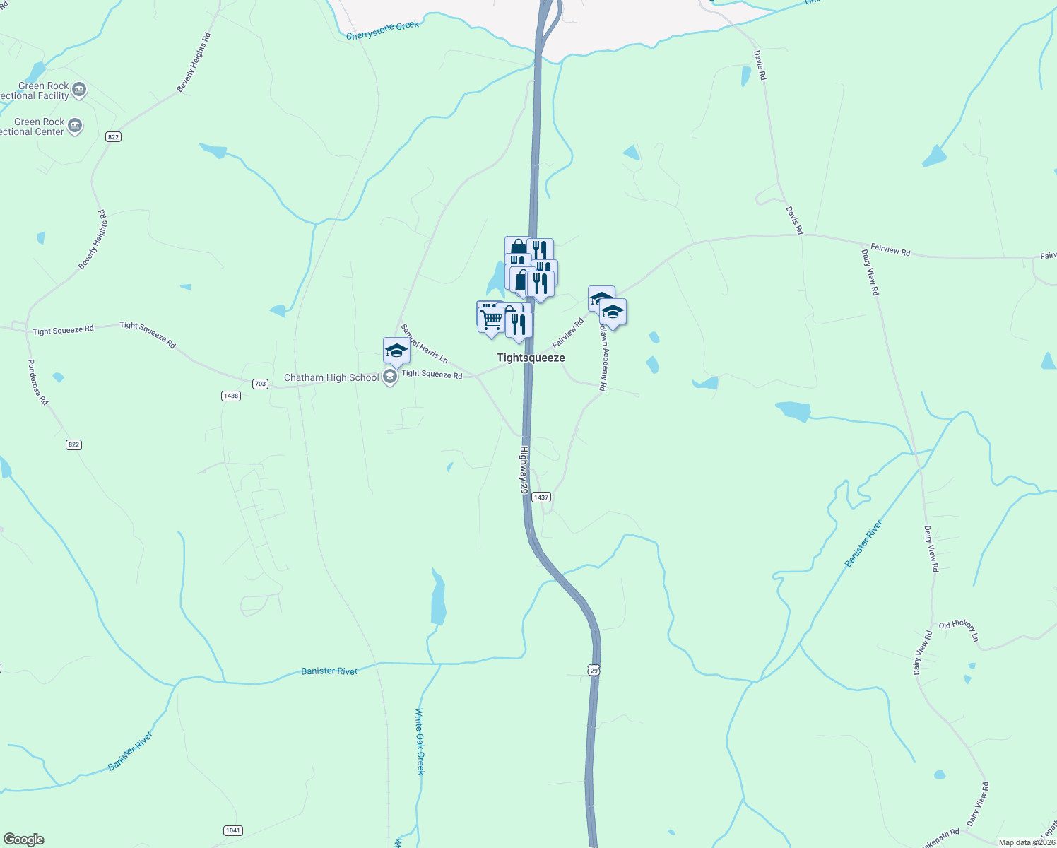 map of restaurants, bars, coffee shops, grocery stores, and more near 13460 U.S. 29 in Chatham