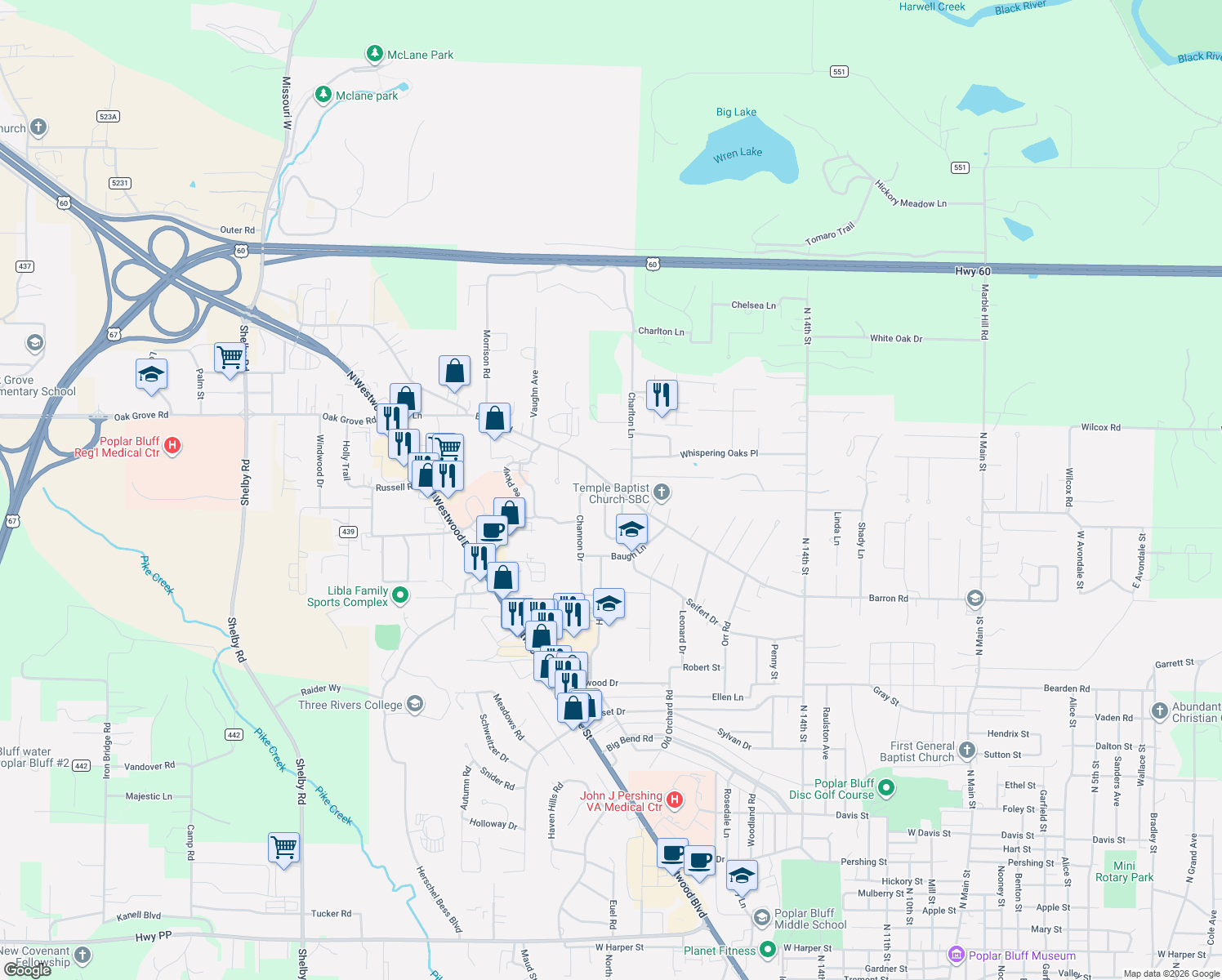 map of restaurants, bars, coffee shops, grocery stores, and more near 1920 Barron Road in Poplar Bluff
