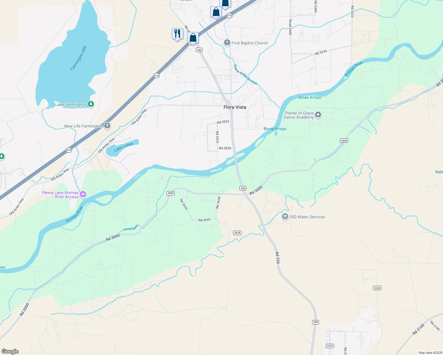 map of restaurants, bars, coffee shops, grocery stores, and more near 11 Road 3627 in Aztec