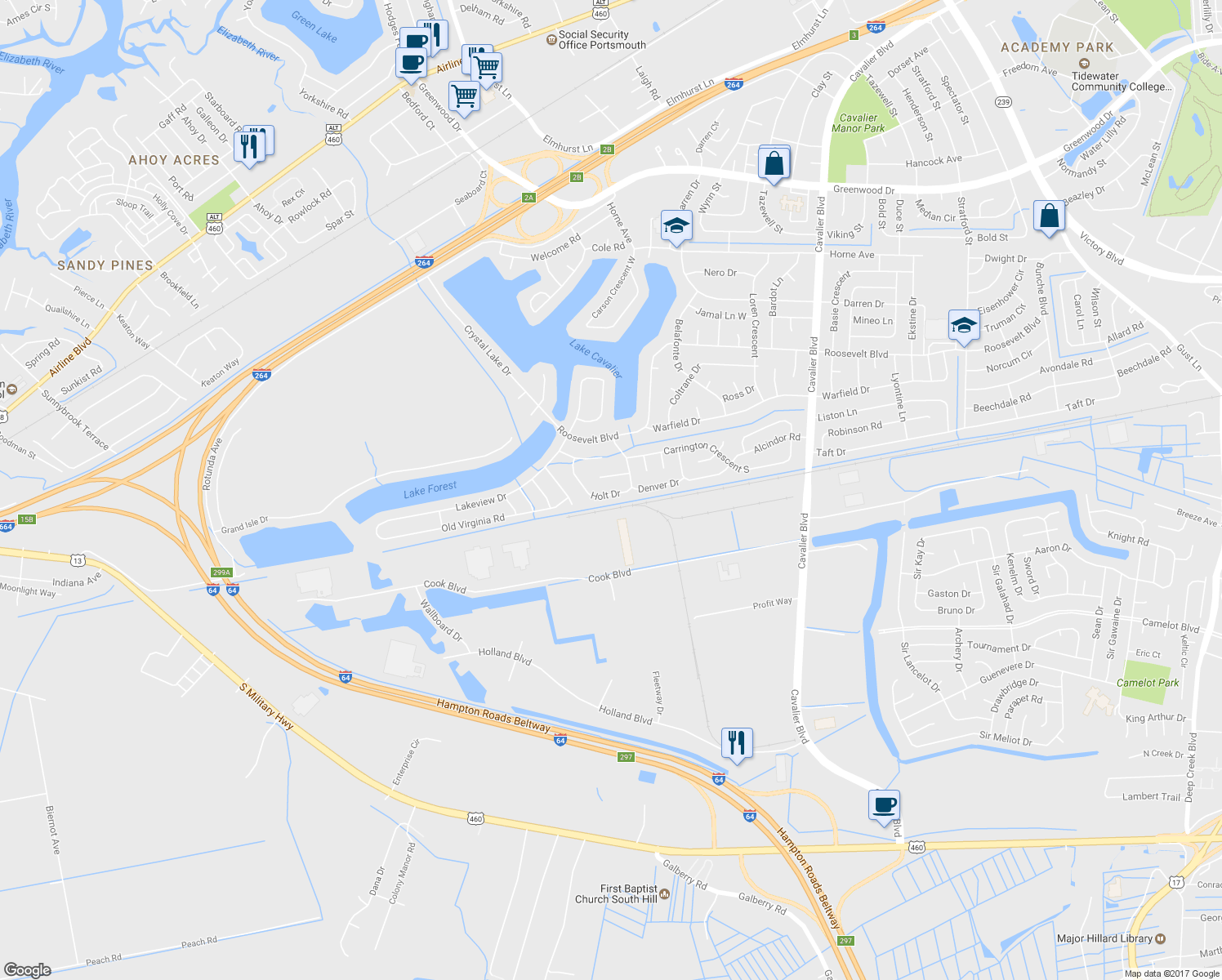 map of restaurants, bars, coffee shops, grocery stores, and more near 1414 Holt Drive in Portsmouth