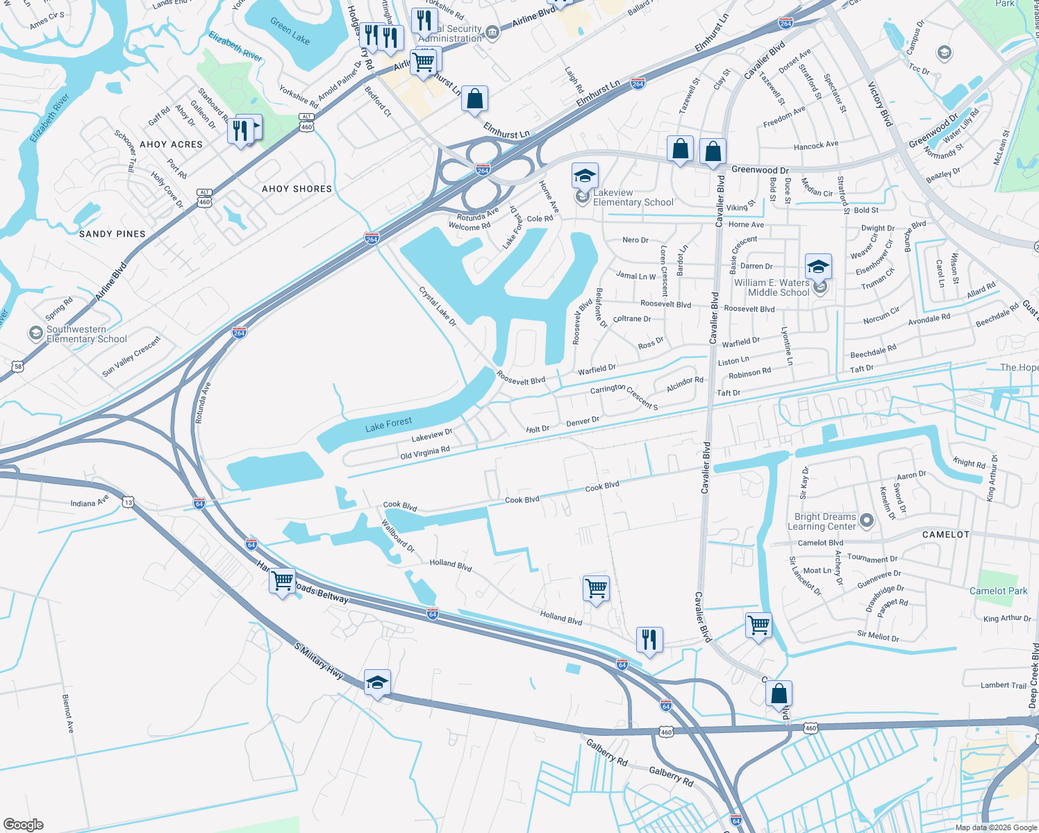 map of restaurants, bars, coffee shops, grocery stores, and more near 1426 Holt Drive in Portsmouth