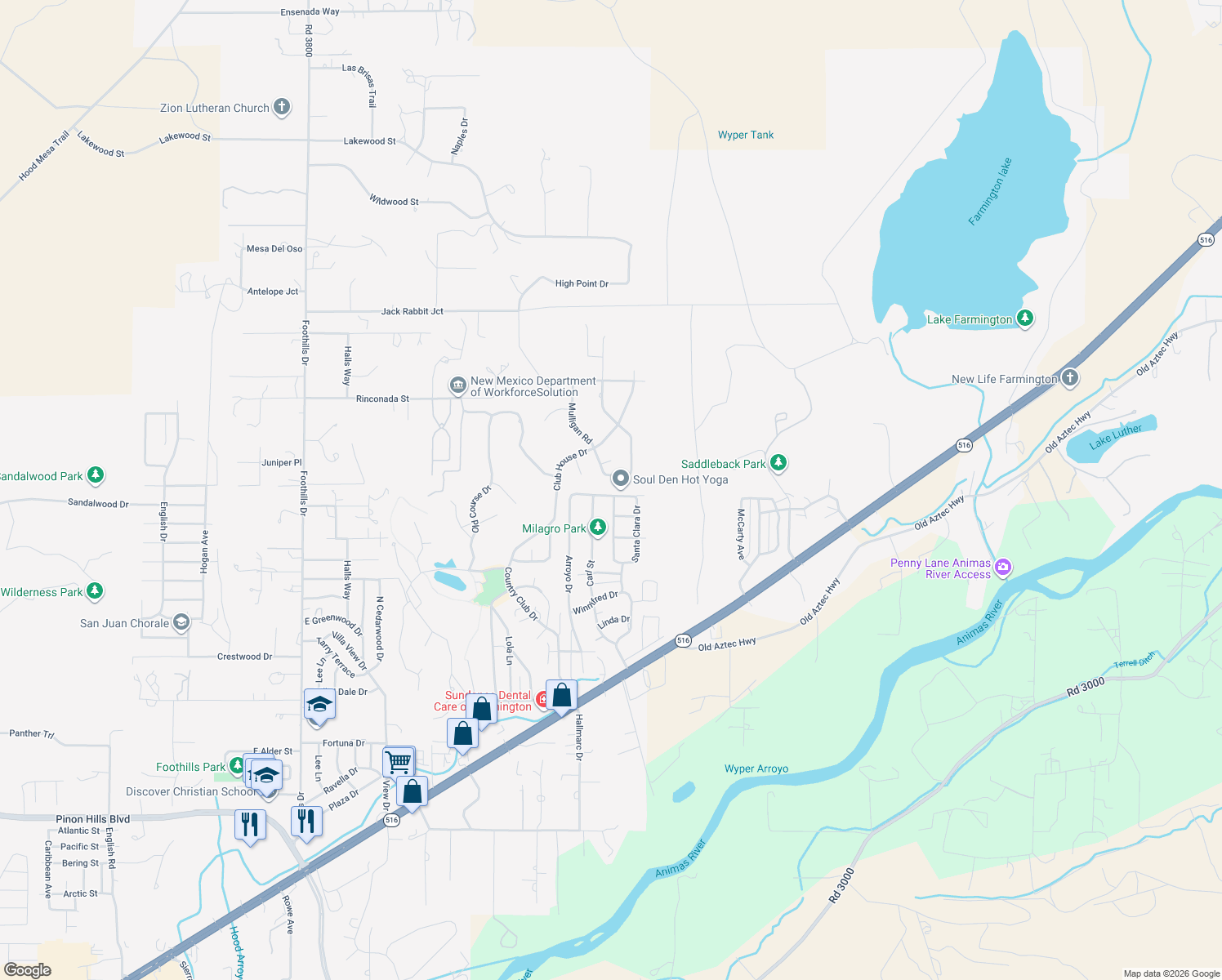 map of restaurants, bars, coffee shops, grocery stores, and more near 6708 Pecos Street in Farmington