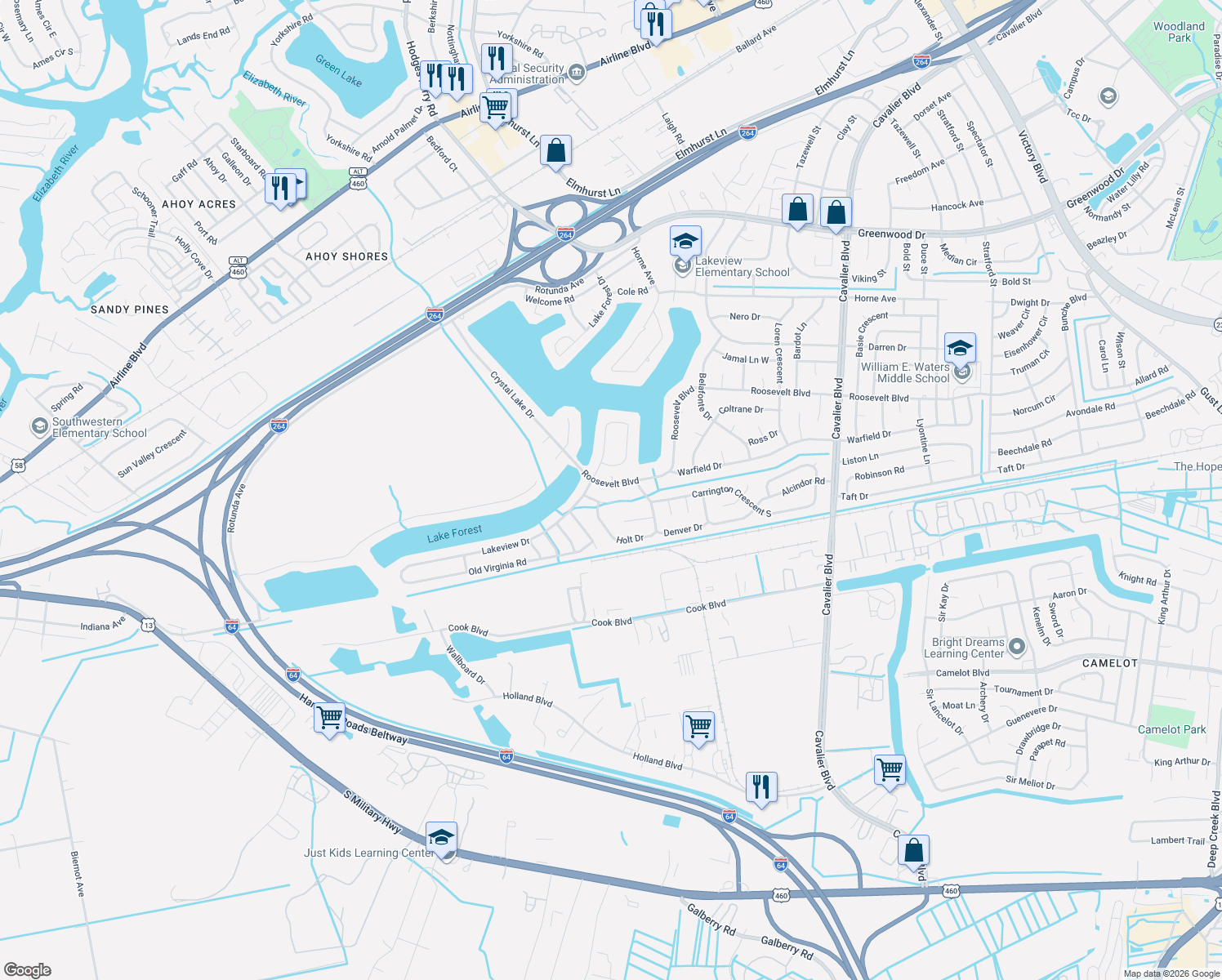 map of restaurants, bars, coffee shops, grocery stores, and more near 1409 Roosevelt Boulevard in Portsmouth