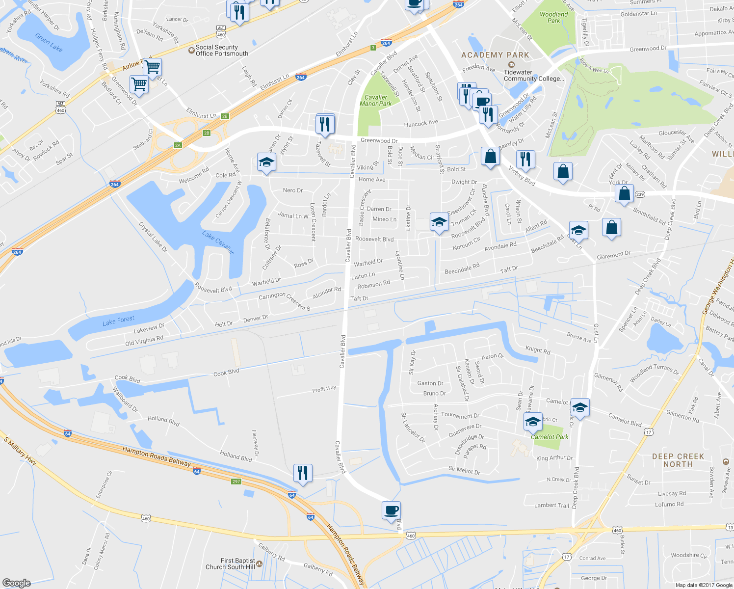 map of restaurants, bars, coffee shops, grocery stores, and more near 1010 Taft Drive in Portsmouth