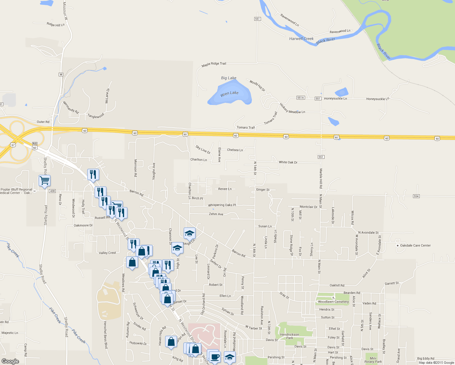 map of restaurants, bars, coffee shops, grocery stores, and more near 1631 Renee Lane in Poplar Bluff