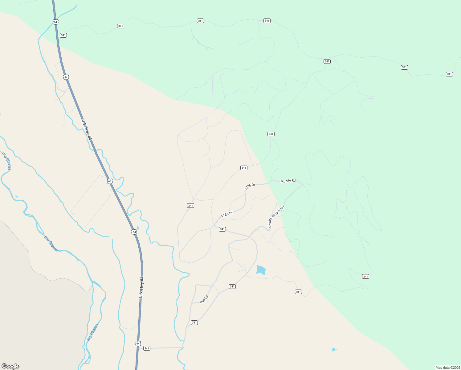 map of restaurants, bars, coffee shops, grocery stores, and more near 197 County Road 341 in Chama