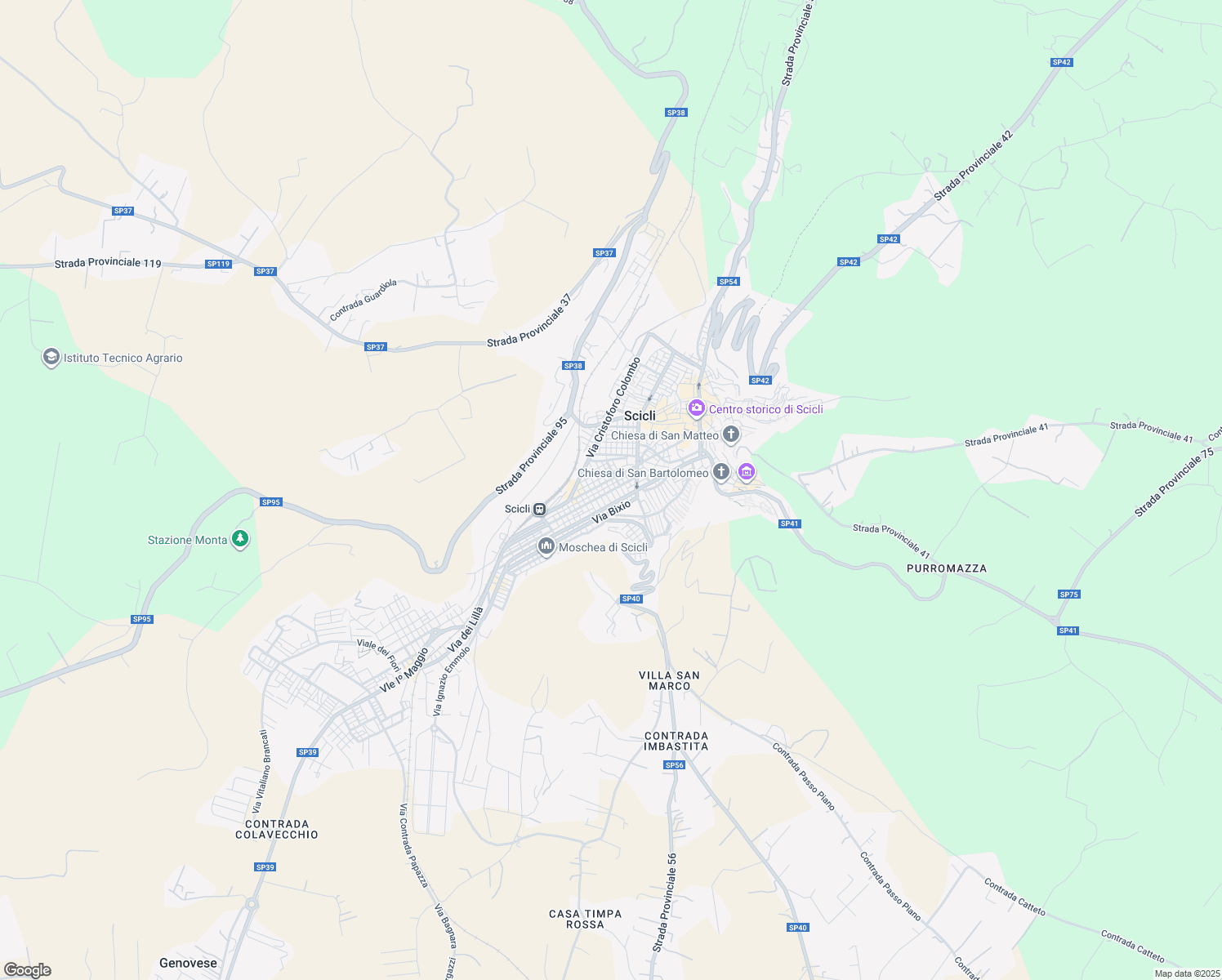 map of restaurants, bars, coffee shops, grocery stores, and more near Via Tommaso Campanella in Scicli