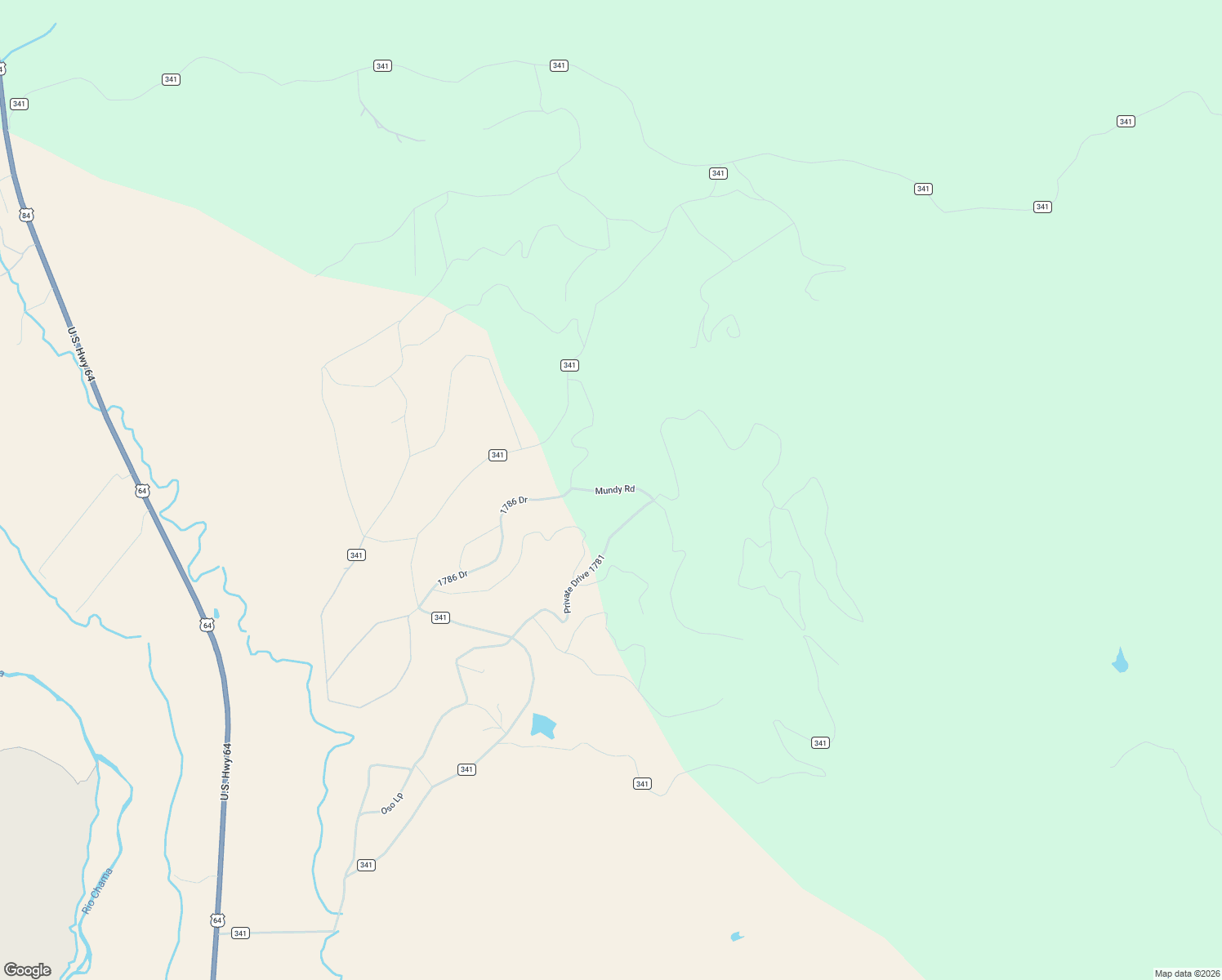 map of restaurants, bars, coffee shops, grocery stores, and more near Mundy Road in Rio Arriba County