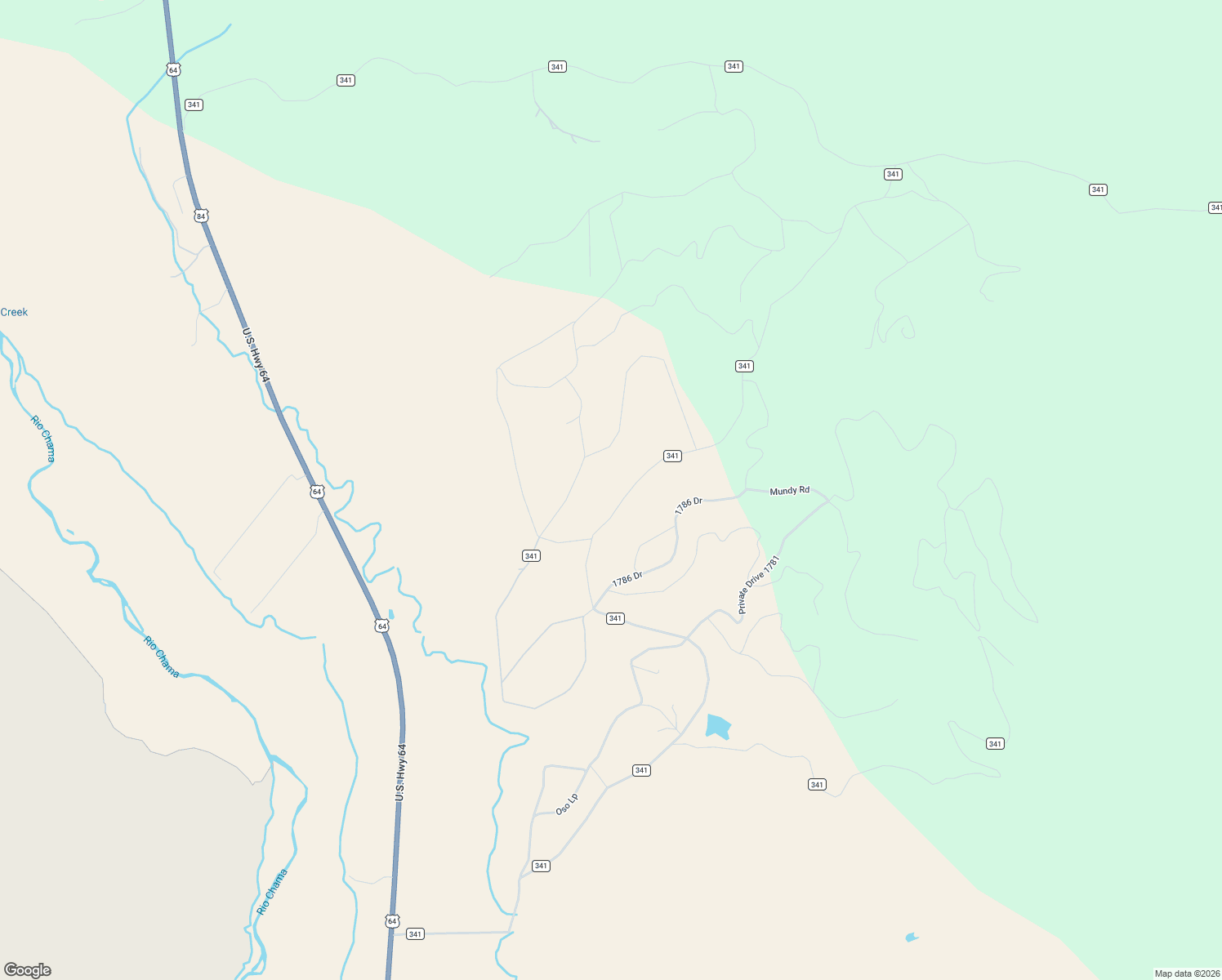 map of restaurants, bars, coffee shops, grocery stores, and more near 197 County Road 341 in Chama