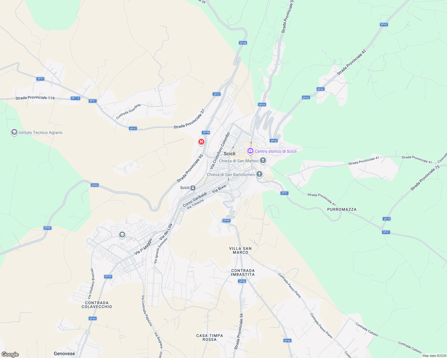 map of restaurants, bars, coffee shops, grocery stores, and more near Via Tommaso Campanella in Scicli