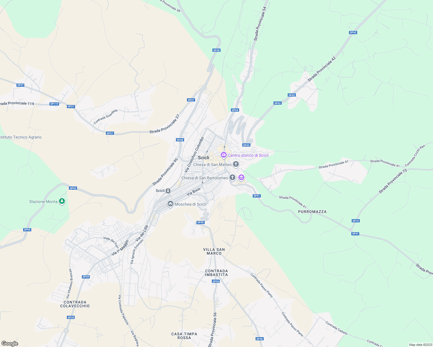 map of restaurants, bars, coffee shops, grocery stores, and more near 101 Via Guglielmo Marconi in Scicli
