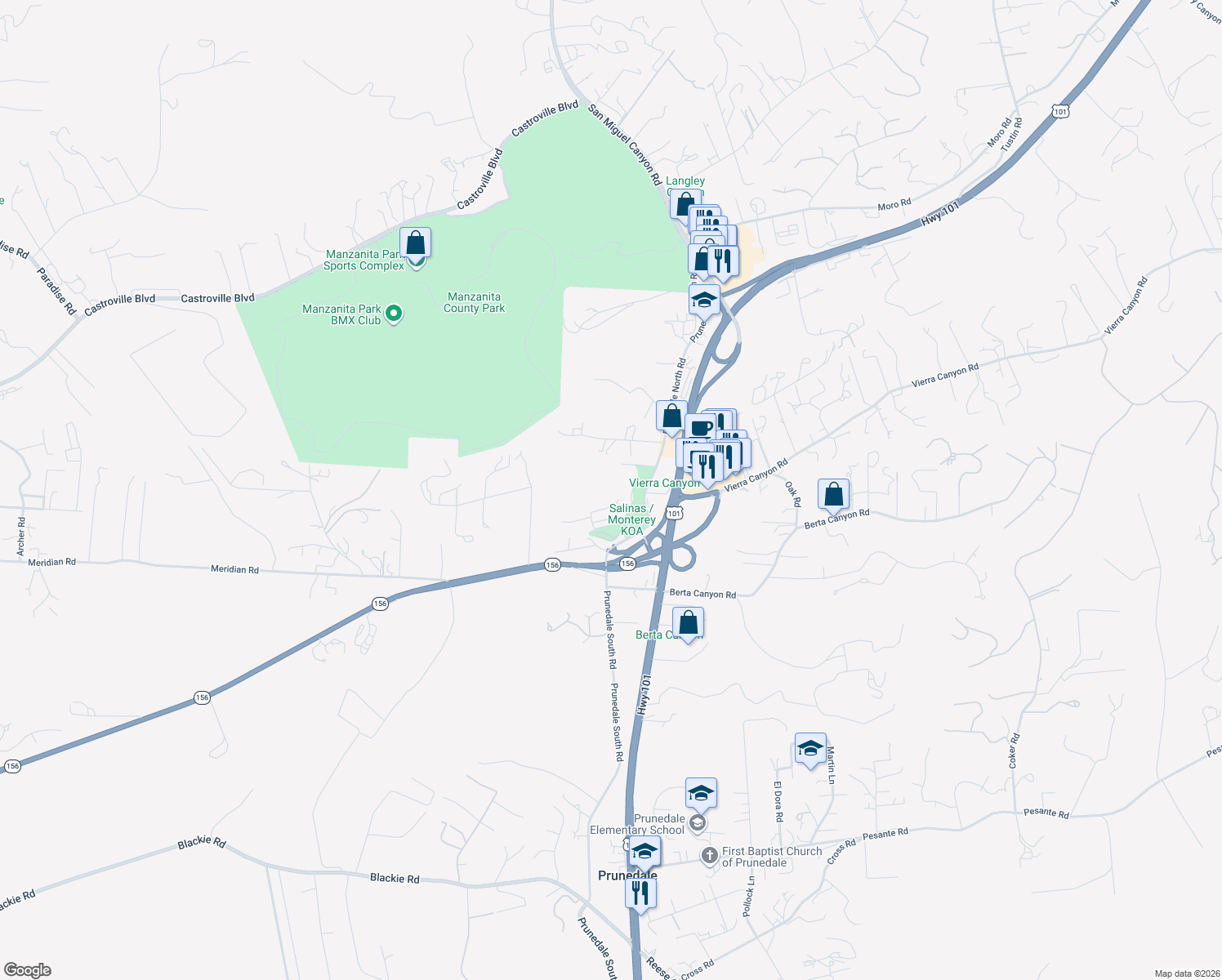 map of restaurants, bars, coffee shops, grocery stores, and more near 8612 Prunedale North Road in Salinas