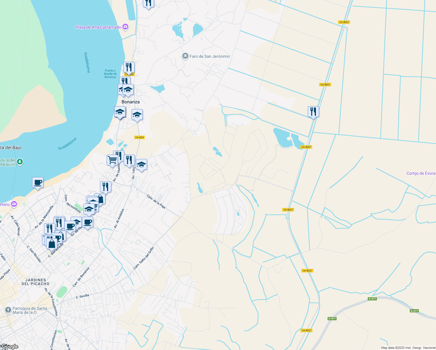 map of restaurants, bars, coffee shops, grocery stores, and more near 801 Loma Martín Miguel in Sanlúcar de Barrameda