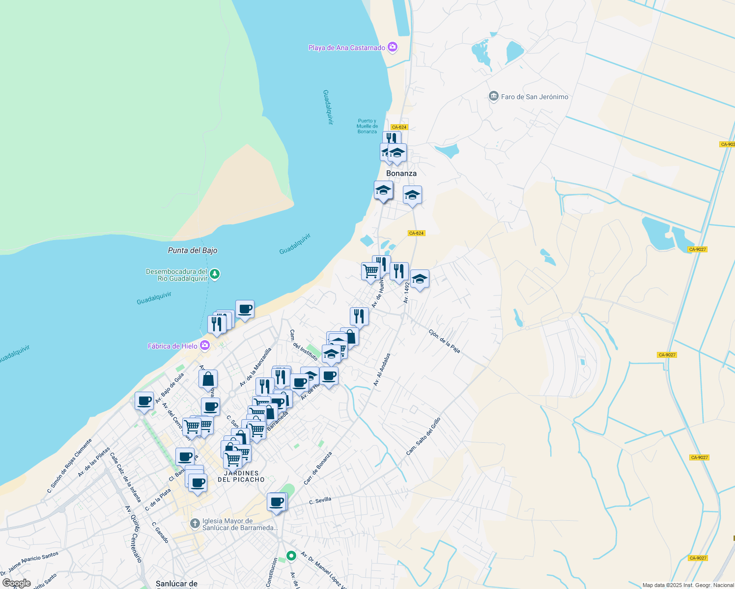 map of restaurants, bars, coffee shops, grocery stores, and more near Calle Patrón Carrerilla in Sanlúcar de Barrameda
