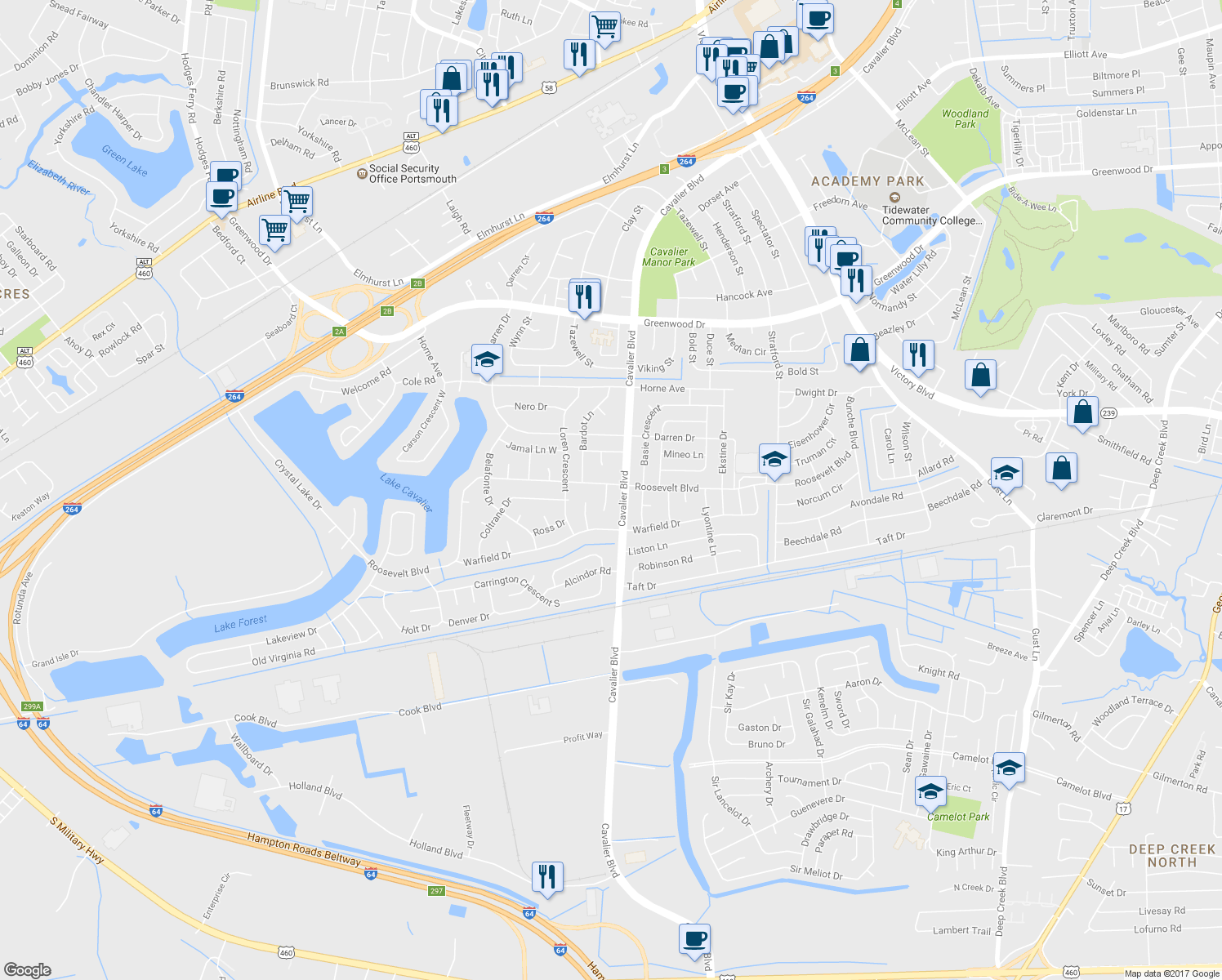 map of restaurants, bars, coffee shops, grocery stores, and more near 1 Vaughn Court in Portsmouth