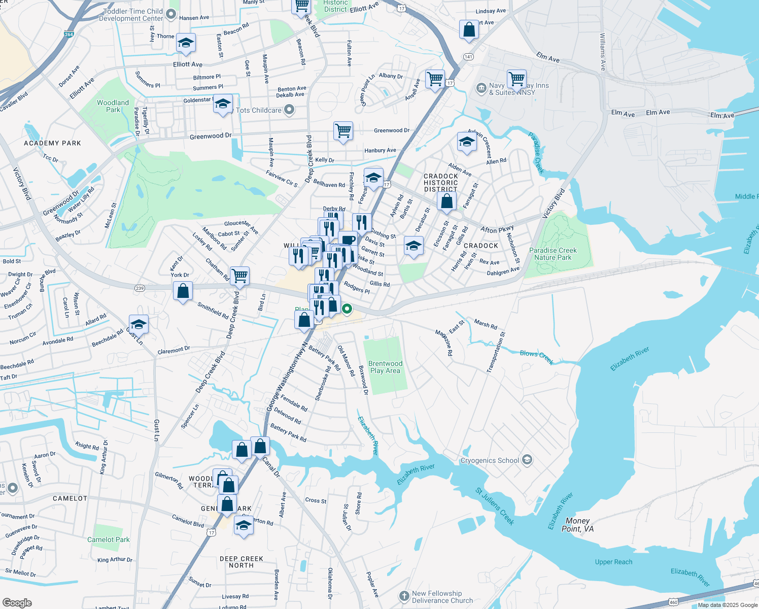 map of restaurants, bars, coffee shops, grocery stores, and more near 15 Tyron Place in Portsmouth