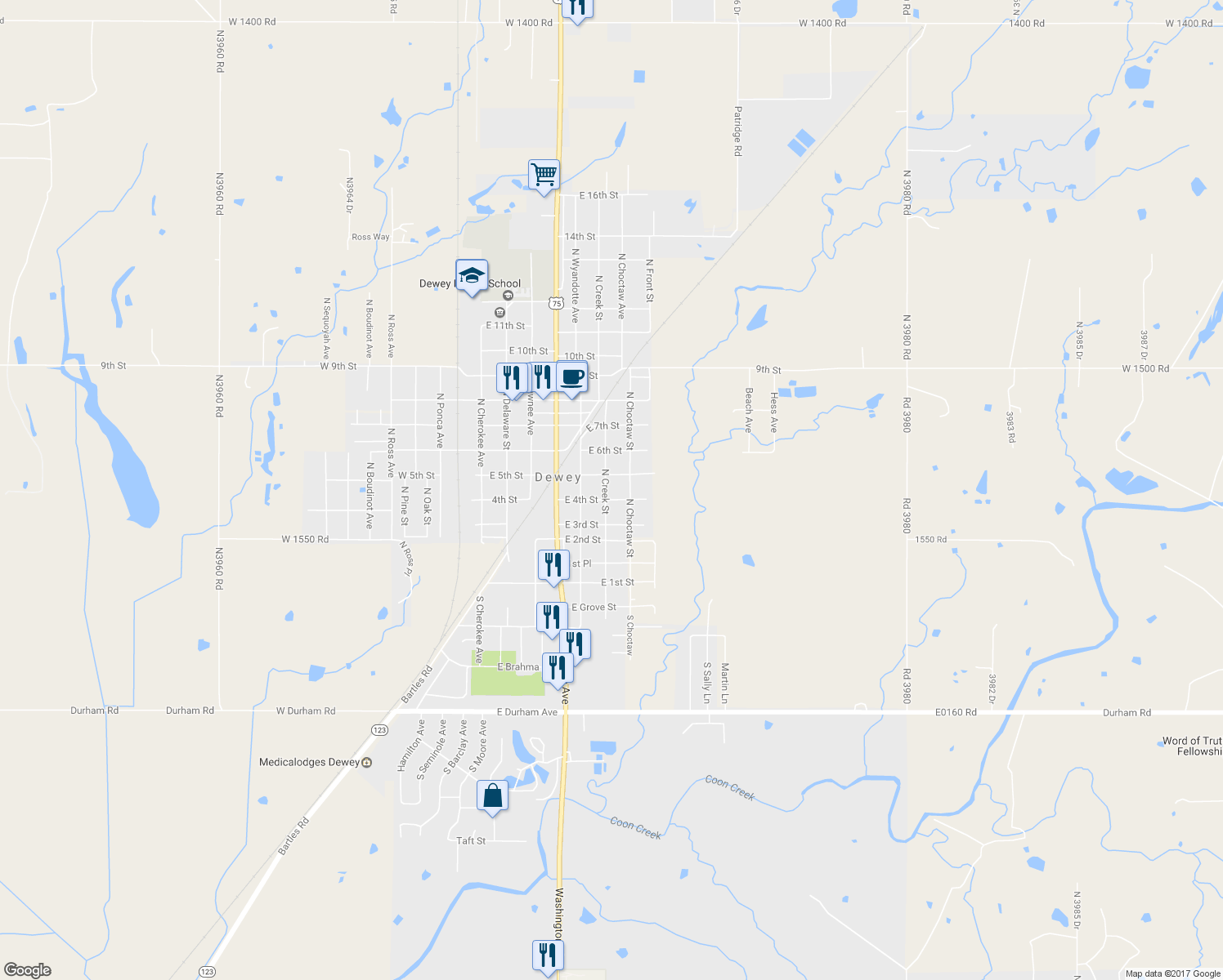 map of restaurants, bars, coffee shops, grocery stores, and more near 705 East 4th Street in Dewey