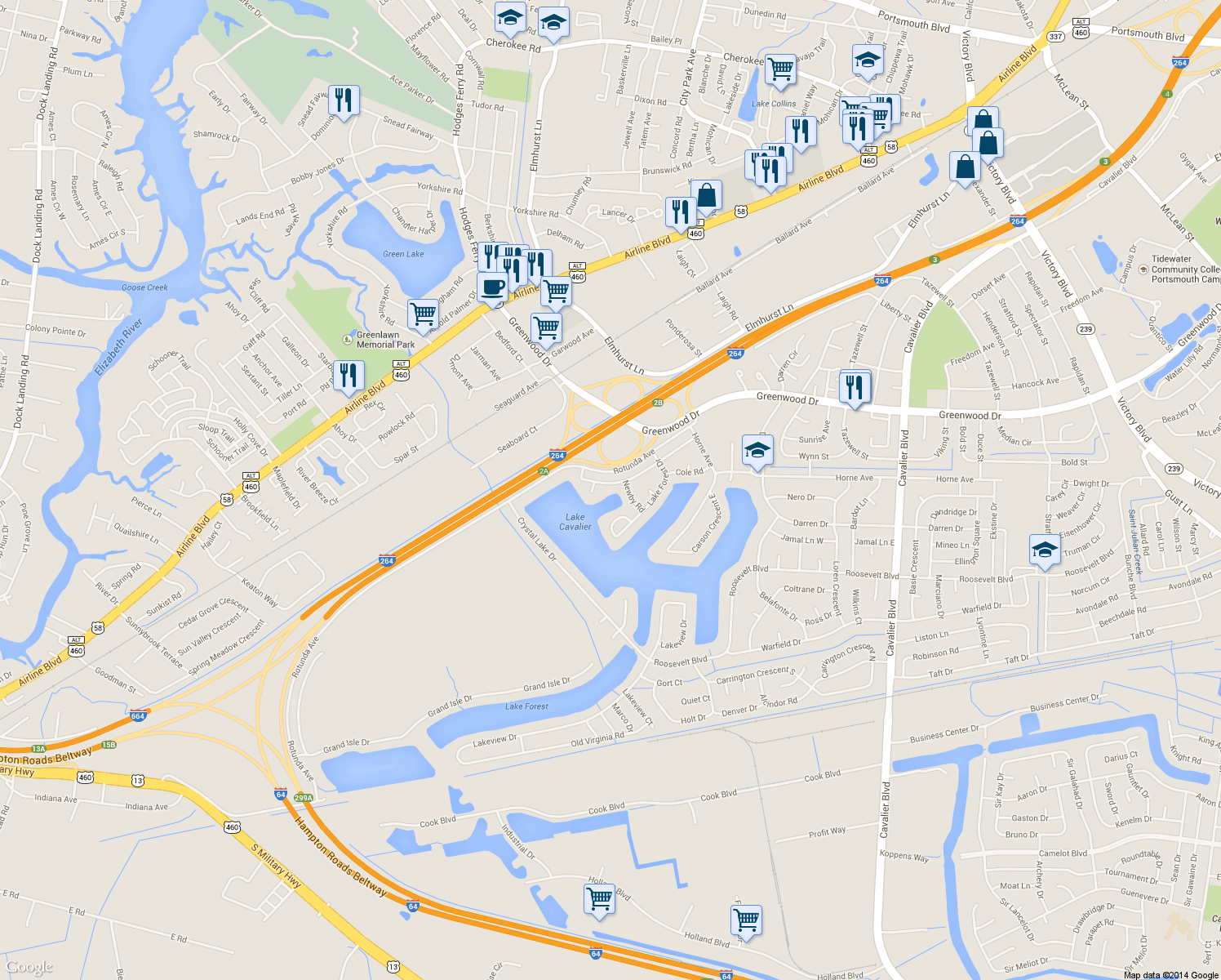 map of restaurants, bars, coffee shops, grocery stores, and more near 1435 Welcome Road in Portsmouth