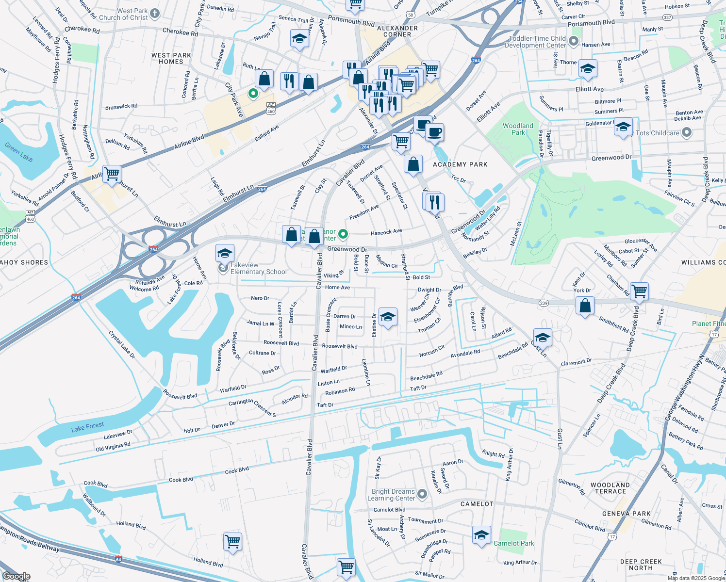 map of restaurants, bars, coffee shops, grocery stores, and more near 907 Horne Ave in Portsmouth