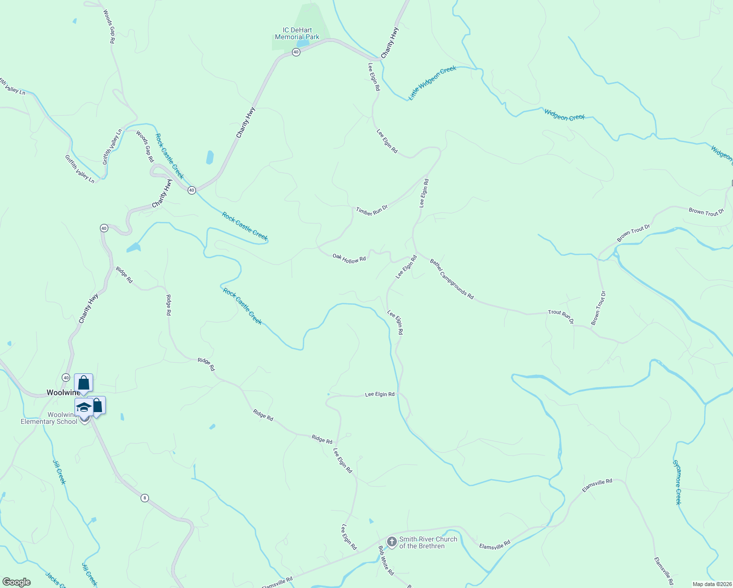map of restaurants, bars, coffee shops, grocery stores, and more near 1587 Lee Elgin Road in Woolwine