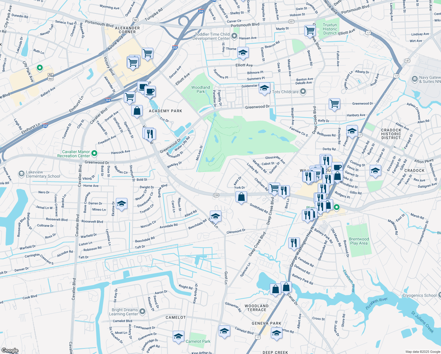 map of restaurants, bars, coffee shops, grocery stores, and more near 121 Francis St in Portsmouth