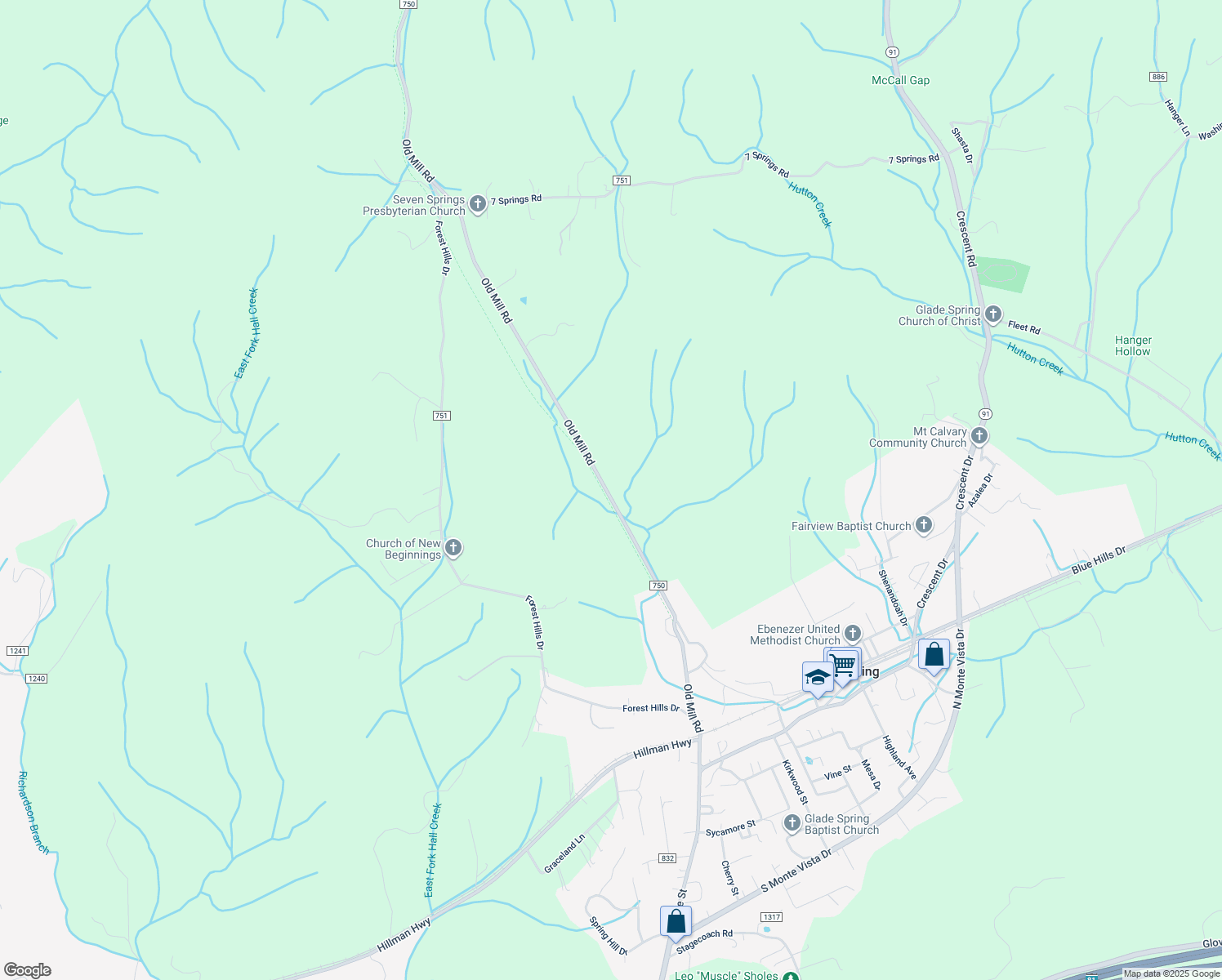map of restaurants, bars, coffee shops, grocery stores, and more near 10453 Old Mill Road in Glade Spring